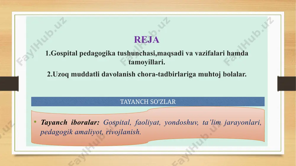 quvchilarning alohida toifasiga — uzoq muddatli davolanishga muhtoj bolalarga qaratadi. presentation template by pedagogikaning ushbu yo'nalishini amalga oshirish va rivojlantirishning murakkabligi idoralararo mansubligi bilan belgilanadi: ta'lim, sog'liqni saqlash va ijtimoiy himoya, — chunki kasalxonada uzoq muddatli davolanayotgan talaba birinchi navbatda bemor, ikkinchidan — talaba. bolani davolash jarayonida tibbiy va pedagogik texnologiyalarni birlashtirish kompleks reabilitatsiyani anglatadi. gospital pedagogikasining markaziy tushunchasi gospital maktabi-asosiy va qo'shimcha umumiy ta'lim dasturlari bo'yicha ta'lim faoliyatini amalga oshiruvchi tashkilot bo'lib, unda tibbiy tashkilotda uzoq muddatli davolanishga muhtoj bolalar o'qitiladi. presentation template by uzoq muddatli davolanishda bo‘lgan bolaga nisbatan ta’lim faoliyatidagi shifoxona o‘qituvchisi - uzoq muddatli davolanishda bolalar bilan ishlash bo‘yicha maxsus tayyorgarlikdan o‘tgan pedagogik ma‘lumotga ega mutaxassis tomonidan amalga oshiriladi. gospital o‘qituvchisi o‘z ishida oddiy maktabda qo‘llaniladigan an’anaviy usullardan sezilarli darajada farq qiladigan usul va vositalardan foydalanadi. har bir fan yuzasidan ta’lim beradigan o‘qituvchilardan bu jarayonda o‘ta ehtiyotkorlik hamda yuqori tajriba talab etiladi presentation template by bolalar …