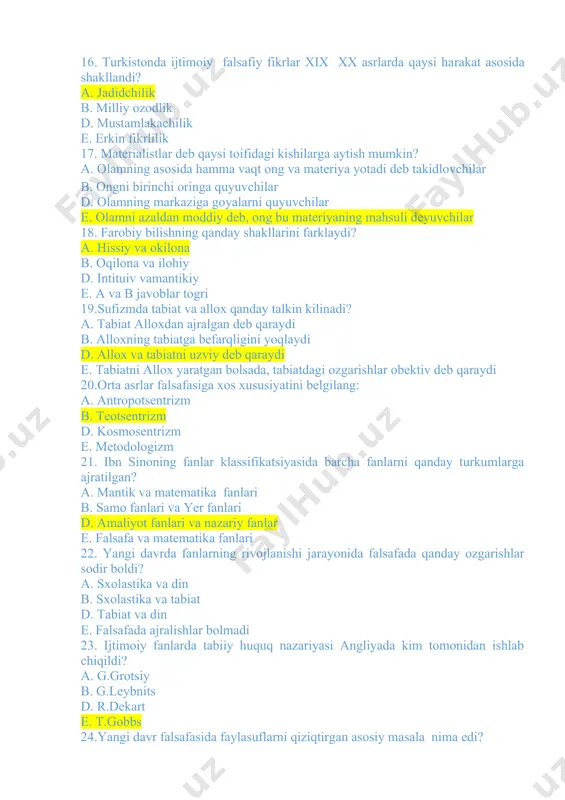 r sodir bo�ldi? a. sxolastika va din b. sxolastika va tabiat d. tabiat va din e. falsafada ajralishlar bo�lmadi 23. ijtimoiy fanlarda tabiiy huquq nazariyasi angliyada kim tomonidan ishlab chiqildi? a. g.grotsiy b. g.leybnits d. r.dekart e. t.gobbs 24.yangi davr falsafasida faylasuflarni qiziqtirgan asosiy masala nima edi? a. substansiya va uning xossalari b. borlik masalasi d. inson masalasi e. makon va zamon 25. pozitivizmning asoschisi kim? a. r.karnap b. g.spenser d. o.kont e. f.nitsshe 26. strukturalizm so�zining lug�aviy ma�nosi ? a. tuzilish, joylashish, tartib b. tartib, birikish d. qo�shilish,birikish e. izohlash, tushuntirish, bilish 27.qaysi falsafiy ta�limot soxta bilimdan xakikiy bilimni ajratishga xarakat kiluvchi ijobiy bilimning falsafiy doktrinasini ilgari surdi ? a. pragmatizm b. ekzistensializm d. pozitivizm e. fenomenologiya 28.sxolastlar pifagor va aristotel g’oyalariga tayanib, uch o�lchovlikni qanday tushuntirganlar ? a. tabiat kuchlarini o�ziga xos xususiyati b. dunyoning mukammaligi nuqtai-nazaridan d. g’oyalar yordamida e. din yordamida 29. �men fikrlayapman, demak men …