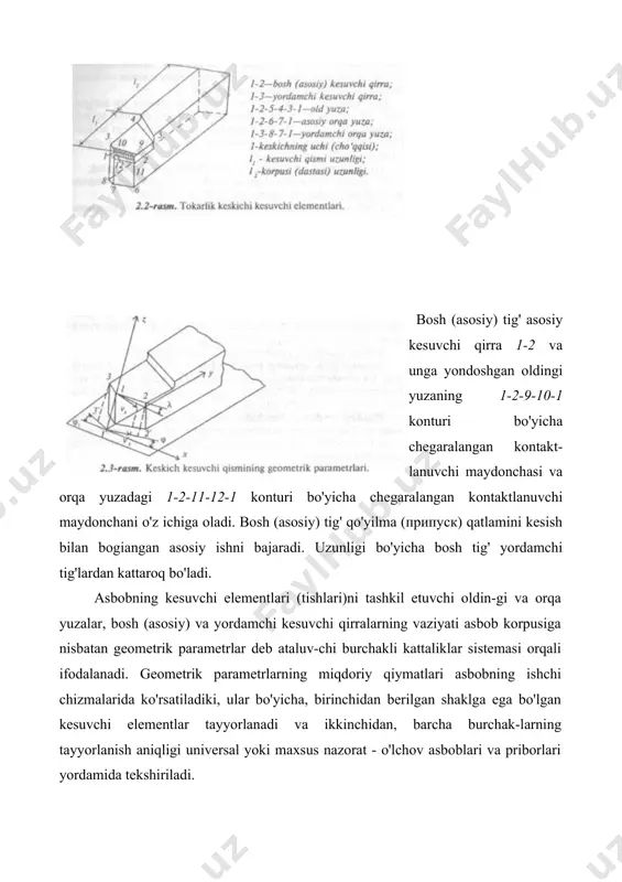 lan ф burchagini tashkil etadi; г-3' yordamchi kesuvchi qirra 1-3 ning xy (gorizontal) tekis-ligidagiproyeksiyasi bo'lib, bu chiziq surish tezligi vektorining proyek​siyasi vs bilan ф, burchagini tashkil etadi. ф va ф, burchaklari plandagi burchaklar deb ataladi. shunday qilib, plandagi bosh burchak ф deb, gorizontal koordi-nata tekisligida o'lchanadigan shu tekislikdagi surish harakati vek​torining proyeksiyasi vs bilan bosh (asosiy) kesuvchi qirra proyeksi​yasi orasidagi burchakka aytiladi. plandagi yordamchi burchak ф, deb, gorizontal koordinata tekis​ligida o'lchanadigan shu tekislikdagi surish harakati vektorining proyek​siyasi vs yo'nalishi biian yordamchi kesuvchi qirra proyeksiyasi orasida​gi burchakka aytiladi. bosh kesuvchi qirra xy koordinata tekisligiga parallel yoki u bilan burchak tashkil qilishi mumkin. 2.4-rasmda asosiy kesuvchi qirra 1-2 ning uch xil holati keltirilgan. rasm. bosh kesuvchi qirraning og'ish burchagi ishorasini aniqlash. л—keskichning uchi (7) eng pastki nuqta—qirindi o'ng tomonga yo'nalib chiqadi 7)-keskichning uchi (7) eng yuqorigi nuqta—qirindi chap to​monga yo'nalib chiqadi tozalab yo'nishda qo'llaniladi. rasm. bosh (asosiy) kesuvchi qirraning og'ish burchagichizmada ko'rsatiladi …