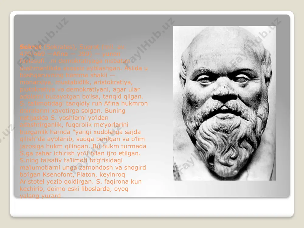 ashdan, zoʻravonlikdan voz kechish tarafdori boʻlgan. uningcha, bilim berishning yagona vositasi — ishontirishdir. s. nomi keyingi davrlar uchun donishmand timsoli boʻlib qolgan. suqrot gʻarb falsafasiga hamda uning asoschilari - aflotun va arastuga katta taʼsir oʻtkazgan, deb hisoblanadi aflotun arastu suqrot quyosh va oyning tutilishi, meteoritning tushishi kabi hodisalarni o‘rganadigan tabiat falsafasi insonning qanday yashashi va fikrlashi lozimligi haqida bilim bermasligini ta’kidlagan mutafakkir insonning o‘z-o‘zini anglashga intilishini haqiqiy bilim deb hisoblaydi. uning o‘z-o‘zingni angla degan hikmati ayni mulohazaning isboti bo‘la oladi. suqrot moddiy olam va narsalar dunyosini bilish imkonsiz, shuning uchun nazariy emas, balki amaliy yashash san’atini o‘rganish lozimligi g‘oyasini ilgari suradi. suqrotning umri mobaynidagi faoliyati bahslarda kechgan. u monologda bir yoqlama xato fikrlar bayon qilinadi deb hisoblaydi. suqrot haqiqatni bilishning mayevtika usulini kashf etdi. suqrotning mayevtika usuli unga ko‘ra predmet haqidagi qarama- qarshi fikrlarning o‘zaro to‘qnashuvi haqiqatga olib boradi. bahs jarayonida yuzaga keladigan bir predmet haqidagi o‘zaro qarama-qarshi mulohazalar yangi …