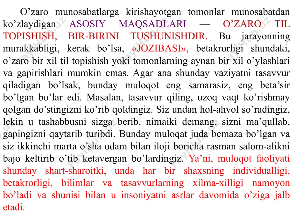 n. masalan, bir m.sifr degan olim ilmiy maqsadlarini amalga oshirish uchun 63 kun g’or ichida yashagan ekan. uning keyinchalik yozishicha, bir necha kun o’tgach, u turgan yerda bir o’rgimchakni ushlab oladi va u bilan dialog boshlanadi. «biz, deb yozadi u, shu hayotsiz g’or ichidagi tanho tirik mavjudotlar edik. men o’rgimchak bilan gaplasha boshladim, uning taqdiri uchun qayg’ura boshladim». shaxsning muloqotga bo’lgan ehtiyojining to’la qondirilishi uning ish faoliyatiga ham ta’sir ko’rsatadi. odamlar, ularning borligi, shu muhitda o’zaro gaplashish imkoniyatining mavjudligi fakti ko’pincha odamni ishlash qobiliyatini ham oshirarkan, ayniqsa, gaplashib o’tirib qilinadigan ishlar, birgalikda yonma-yon turib bajariladigan operasiyalarda odamlar o’z oldida turgan hamkasbiga qarab ko’proq, tezroq ishlashga kuch va qo’shimcha iroda topadi. to’g’ri, bu hamkorlikda o’sha yonidagi odam unga yoqsa, ular o’rtasida o’zaro simpatiya hissi bo’lsa, unda odam ishga «bayramga kelganday» keladigan bo’lib qoladi. shuning uchun ham amerikalik sosiolog hamda psixolog jon moreno asrimiz boshidayoq ana shu omilning unumdorlikka bevosita ta’sirini o’rganib, …