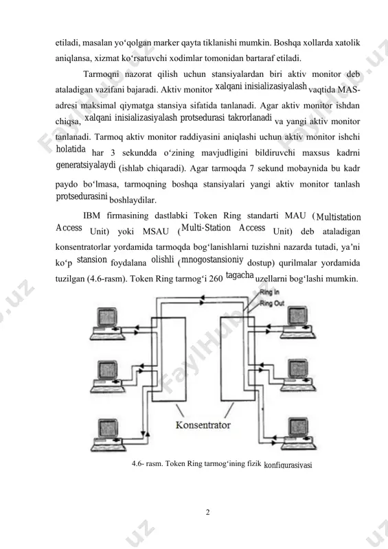 tanlanadi. agar aktiv monitor ishdan chiqsa, xalqani inisializasiyalash protsedurasi takrorlanadi va yangi aktiv monitor tanlanadi. tarmoq aktiv monitor raddiyasini aniqlashi uchun aktiv monitor ishchi holatida har 3 sekundda oʻzining mavjudligini bildiruvchi maxsus kadrni generatsiyalaydi (ishlab chiqaradi). agar tarmoqda 7 sekund mobaynida bu kadr paydo boʻlmasa, tarmoqning boshqa stansiyalari yangi aktiv monitor tanlash protsedurasini boshlaydilar. ibm firmasining dastlabki token ring standarti mau (multistation access unit) yoki msau (multi-station access unit) deb ataladigan konsentratorlar yordamida tarmoqda bogʻlanishlarni tuzishni nazarda tutadi, yaʼni koʻp stansion foydalana olishli (mnogostansioniy dostup) qurilmalar yordamida tuzilgan (4.6-rasm). token ring tarmogʻi 260 tagacha uzellarni bogʻlashi mumkin. 4.6- rasm. token ring tarmogʻining fizik konfigurasiyasi token ring konsentratori aktiv yoki passiv boʻlishi mumkin. passiv konsentrator portlarni ichki bogʻlanishlar bilan birlashtiradi, bu portlarga ulangan stansiyalar xalqani tashkil qiladi. passiv msau signallarni kuchaytirmaydi, ularni resinxronizasiyalashni bajarmaydi. aktiv konsentrator signallarni regeneratsiyalash funksiyalarini bajaradi va ethernet standartiga oʻxshash xolda qaytargich deb ataladi. signallarni kuchaytirishni xar …