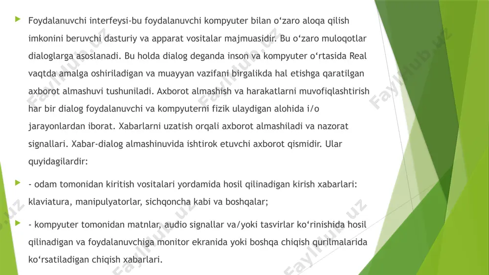 ilan o‘zaro imkonini beradi foydalanuvchi audio interfeyslarni (vui yoki ovozli foydalanuvchi interfeysi) bo‘lishi mumkin. turli kompyuter o‘yinlari tabiiy foydalanuvchi interfeysi (nui yoki tabiiy foydalanuvchi interfeysi) yaratib beradi. uning tizimi insonning harakatlarini tahlil qiladi va ularni o‘yindagi harakatlarga aylantiradi. perseptual foydalanuvchi interfeysi (pui) va aqlli-kompyuter interfeysi (bci yoki brain-kompyuter interfeysi) hozirda ishlab chiqilmoqda. eng so‘nggi rivojlanish odamlarga kompyuterlarni fikri kuchi bilan boshqarish qobiliyatini taʻminlashga qaratilgan. web-ilovalarning foydalanuvchi interfeysi ham katta auditoriyadan kelib chiqqan holda o‘ziga xos xususiyatlarga ega. notiqlik haqida, notiqlik-ritorika haqida shunday fan mavjud. fikrlash insoniyat bor ekan, bu mavzu bo‘yicha birinchi ishlar empedokllarga (taxminan miloddan avvalgi v asr) taalluqlidir. ritorikadan bilamizki, hozirgi odamlar sonining ortishi bilan tomoshabinlarning intellektual darajasini kamaytirish qonuni mavjud. auditoriya qanchalik katta bo‘lsa, nutq shunchalik sodda bo‘lishi, iboralar shunchalik qisqa bo‘lishi va nutqdagi pauzalar shunchalik muhim ahamiyat kasb etadi. boshqa tomondan, ijtimoiy tarmoqlarning rivojlanishi bizga muloqot mutlaqo og‘zaki emasligini ko‘rsatadi va foydalanuvchi interfeysi orqali ham muloqot …