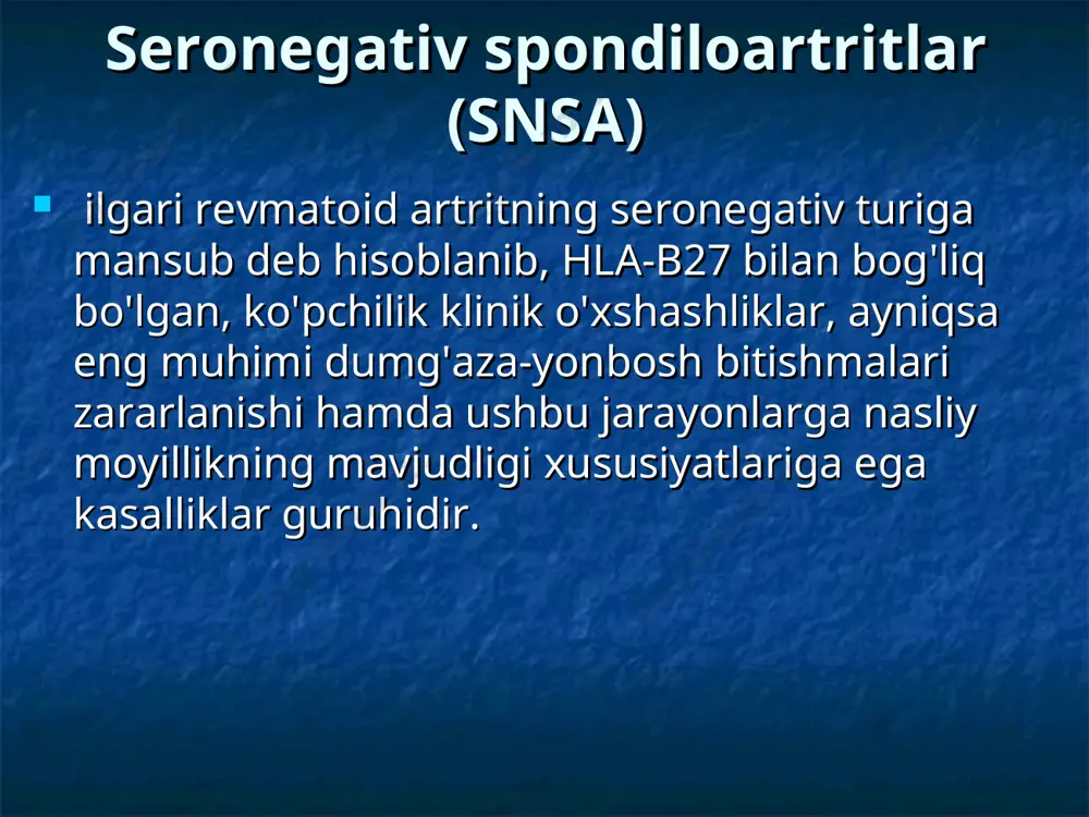 da asimmetrik periferik artrit oila a'zolarida snsa guruhiga kiruvchi kasalliklardan birining mavjudligi teri, ko'z, ichak, urogenital traktda bo'g'imdan tashqari belgilarning namoyon bo'lishi revmatoid omilga manfiy reaktsiya hla-b27 bilan bog'liqlik * ankilozlovchi spondiloartrit tashxis mezonlari (simpozium voz, rim 1963) bel-dumg'aza sohasida 3 oydan ortiq davom davom etuvchi va dam olgandan so'ng o'tib ketmaydigan og'riq va karaxtlik ko'krak qafasida og'riq va rigidlik umurtqa bel sohasida harakat cheklanganligi ko'krak qafasi nafas ekskursiyasining cheklanganligi irit va uning asoratlari ikki tomonlama sakroileitning rentgenologik belgilari (ii-iv bosqichlar) * bexterev kasalligining tarqalganligi ас li bemorlar 0,5-2% * hla-b27 antigenning uchrashi umumiy populyatsiya 7-8% bexterev kasalligida 90-95% bemorning qarindoshlarida 20-30% * аs kechishi tasnifi sekin avj oluvchi sekin avj oluvchi, qo'zish davrlari bilan tez avj oluvchi – qisqa vaqt ichida to'liq ankilozga olib keladi septik varianti, o'tkir boshlanishi, ko'p terlash, qaltirash, isitmalash, vistseritlarning erta boshlanishi, echtning 50-60 mm/soat va undan yuqori bo'lishi bilan xarakterlanadi. * asning klinik-laborator ko'rsatkichlar …