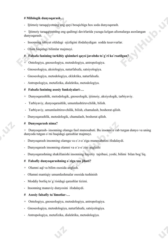aksiologiya, naturfalsafa, satsiyologiya. - gnoseologiya, metodologiya, eklektika, naturfalsafa. - antropologiya, metafizika, dialektika, metodologiya. # falsafa fanining asosiy funksiyalari-… + dunyoqarashlik, metodologik, gnoseologik, ijtimoiy, aksiyologik, tarbiyaviy. - tarbiyaviy, dunyoqarashlik, umumlashtiruvchilik, bilish. - tarbiyaviy, umumlashtiruvchilik, bilish, chamalash, boshorat qilish. - dunyoqarashlik, metodologik, chamalash, boshorat qilish. # dunyoqarash nima? + dunyoqarash- insonning olamga faol munosabati. bu insonni o`rab turgan dunyo va uning dunyoda tutgan o`rni haqidagi qarashlar majmuyi. - dunyoqarash insonning olamga va o`z-o`ziga munosabatini ifodalaydi. - dunyoqarash insonning olamni va o`z-o`zini anglashi - dunyoqarashning shakillanishi insonning hayotiy tajribasi, yoshi, bilimi bilan bog`liq. # falsafiy dunyoqarashning o`ziga xos jihati? + olamni aql va bilim ososida anglash. - olamni mantiqiy umumlashmalar ososida tushinish - moddiy borliq to`g`risidagi qarashlar tizimi. - insonning manaviy dunyosini ifodalaydi. # asosiy falsafiy ta`limotlar-… + ontologiya, gnoseologiya, metodologiya, antropologiya. - gnoseologiya, metodologiya, naturfalsafa, satsiyologiya. - antropologiya, metafizika, dialektika, metodologiya. - monizm, materialism, dualizm. # falsafa- hususiy fanlarning… + metodologik asosi …