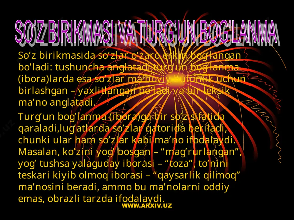 nda turg’un bog’lanmalarning so’z birikmasida bir so’z (bo’lak) sifatida kelayotganiga ahamiyat bering). hovli etagidagi uyasidan eti boribsuyagiga yopishgan qari it chayqalib - chayqalib chiqib keldi. 2. chol asta cho’kkaladi-da, sharti ketib, parti qolgan itning boshini siladi. 3. shu payt ko’cha darvoza taraqlab ochildi, tarvuzi qo’ltig’idan tushib alijon kirib keldi. 4. kim u? joyimda qoqqan qoziqday qotib qoldim. 5. mehmon joyiga o’tirdi-yu, ammo ko’ngli joyiga tushmadi. 6. og’ziga tolqon solganday jim o’tirdi. 7.manashu tirranchalarni deb boya rosa po’stagimni qoqishgandi. www.arxiv.uz www.arxiv.uz t e s t 1 yigit oqimga qarshi suzib, ariqning boshiga yetdi. qo`rsligi, bema’ni gaplari, axir uning boshiga yetdi. ota-bobolar nomini doim esda tutish kerakligini o`g`lining qulog`iga qo`ydi. shifokor dorini bolaning qulog`iga qo`ydi mazkur gapda ajratilgan so`zlarning qay biri tushuncha anglatadi? a . 1,4 b .2,3 g.1,3 d. 2,4 2 yigit oqimga qarshi suzib, ariqning boshiga yetdi. qo`rsligi, bema’ni gaplari, axir uning boshiga yetdi. ota-bobolar nomini doim esda tutish kerakligini …