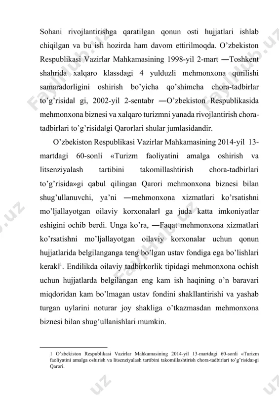 valyutadagi tushumning faqat 25 foizini belgilangan tartibda majburiy sotadilar; · xorijiy fuqarolar tomonidan mehmonxonalar xizmatiga haq to’lash erkin ayirboshlanadigan valyutada amalga oshiriladi, ular uchun to’lov respublikaning davlat va budjet tashkilotlari tomonidan amalga oshiriladigan holatlar bundan mustasno; · yuridik shaxslar kamida ―4 yulduzli‖ darajadagi mehmonxona va motellarni foydalanishga topshirganda, ular yuridik shaxslarning foyda solig’i, yer solig’i va mol-mulk solig’idan, shuningdek, yagona soliq to’lovidan 5 yil muddatga ozod qilinadi. mehmondo’stlik industriyasi – bu mintaqa yoki turistik markaz xo’jaligining kuchli tizimi va turizm iqtisodiyotining muhim tarkibiy qismidir. mehmon qabul qilish industriyasini guruhli va yakka joylashtirishning turli xildagi otellar, mehmonxonalar, motellar, yoshlarning xostel va yotoqxonalari, appartamentlar, turistik qishloqlar, shuningdek, turistlarni joylashtirishda ishtirok etuvchi xususiy sektorni tashkil etadi. mehmonlarni ro’yxatga olish, ularning kelishi va ketishini boshqarish, mehmonlarga turli-tuman xizmatlar ko’rsatish mehmonxonaning ma’muriy qismida amalga oshiriladi. mehmonlar oqimi har xil kiruvchilar, ketuvchilar, yashovchilardan iborat. joylashtirish xizmati asosan quyidagi ishlarni o’z ichiga oladi: · mehmonlar hujjatlariga ko’ra …