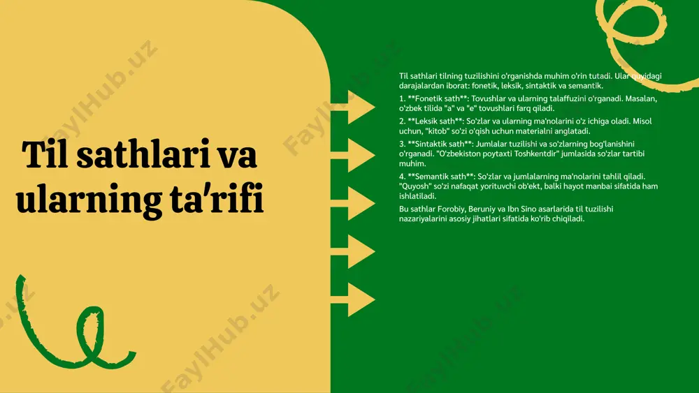 'rganishda va mantiqiy fikrlashni rivojlantirishda ahamiyatlidir. bu nazariya kommunikatsiyaning samaradorligini oshirishga yordam beradi. misollar keltirish: ibn sinoning asarlaridan olingan konkret misollar: - "tibbi muvozanat" asarida tibbiy terminologiya va uning nozikligi. - "kitob al-shifa"da mantiqiy tuzilish va fikrlashning sathlari. - "risola fi al-nahv"da grammatik qoidalar va ularning amaliy qo'llanilishi. ibn sinoning til sathlarini baholash usullari baholash metodlari ibn sinoning til sathlarini baholashda bir nechta asosiy metodlardan foydalaniladi. u birinchidan, tilning ma'nodagi qatlamlarini o'rganish va tahlil qilish orqali sathlarni aniqlaydi. ikkinchidan, u til sathlarini o'zaro taqqoslash orqali baholaydi, bu jarayon uning tahlillari uchun muhim vosita hisoblanadi. shuningdek, ibn sino til va uning sathlari o'rtasidagi munosabatlarni chuqur o'rganadi, bu esa uning nazariyalarini kuchaytiradi. baholash ko'rsatkichlari - tilning sintaktik tuzilishi - ma'no qatlamlari - kommunikativ funksiyalar - usuliy yondashuvlar - til holati va konteksti misollar orqali baholash ibn sinoning baholash jarayoni misollar orqali yanada aniqroq ko'rsatiladi. u turli matnlardan olib kelgan misollar orqali til …