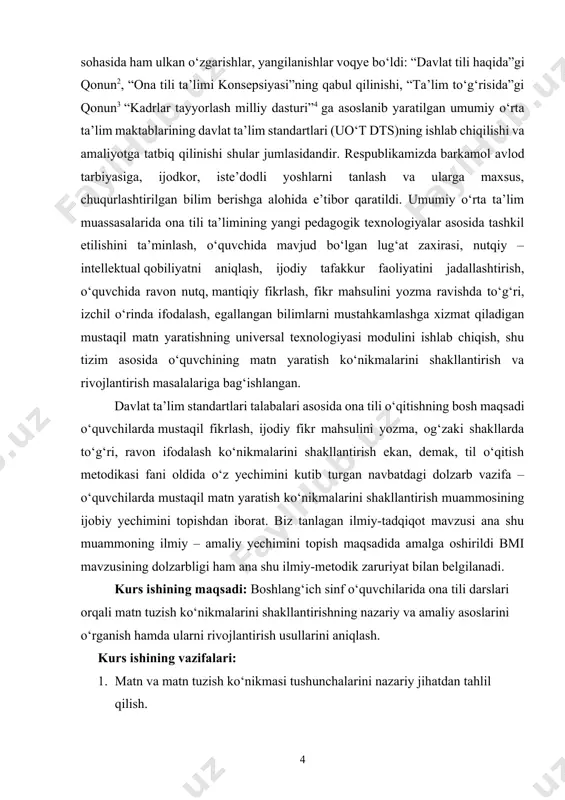 savodxonlik darajasini oshirish, ularni mustaqil va ijobiy fikrlashga yo’naltirish, fikr mahsulini to’g’ri, ravon, o’rinli ifodalashga o’rgatish ekan, uni amalga oshirishning ishonchli omillaridan biri – matn yaratishning samarali texnologiyasini ishlab chiqish, uni o’quv amaliyotiga izchil joriy etish, o’quvchini muammoli o’quv topshiriqlari orqali izlanish va kashf qilishga yo’naltirish, o’quvchi lug’at boyligini kengaytirish jarayonida nutqiy faoliyatini shakllantirish, (so’zning lug’aviy ma’nolarini sharhlash) fikr ifodalash (og’zaki nutq va matn yaratish)da so’zni tanib va tanlab ishlatishni talab qiluvchi o’quv topshiriqlari, nutqiy madaniyatni yuksaltiruvchi ko’nikma va malakalar tizimi bilan qurollantirishdir. boshlang’ich sinfda matn yaratishning asosiy maqsadi – matn ustida ishlash bilan esa matnning tili, mantiqiy va uslubiy shakllanganlik darajasi o„rganiladi, o’quvchining kommunikativ savodxonlik darajasi esa, matn yaratish mahoratini aniqlash jarayonida o’z yechimini topadi. boshlang’ich sinlarda ona tilining yangi – yangi ifoda imkoniyatlarini izlab topish va uni dars jarayoniga tadbiq etish o’quvchilarning ijodiy tafakkur, hodisalarni kuzatish, anglash, qiyoslash, analiz va sintez, tanlash, guruhlash, yaratish kabi bilish qobiliyatlarini takomillashtirib, …