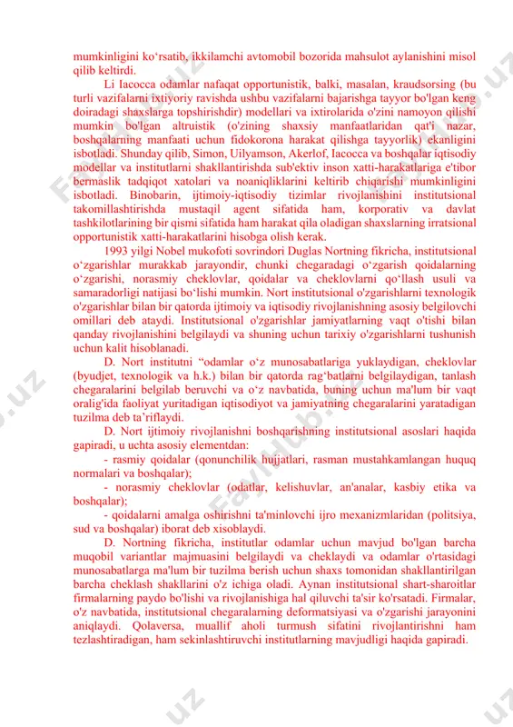 raf etish, jumladan, monopoliyaga qarshi siyosat, kichik va o'rta biznesni rag'batlantirish, bankrotlik to'g'risidagi qonun, patentlar, soliqlar va boshqalar bilan bog'lanishi kerak. boshqa tomondan, u davlatning muvaffaqiyatsizliklarini bartaraf etishga qaratilgan bo'lishi kerak, jumladan, davlat hokimiyati tuzilmasidagi o'zgarishlar, davlat xizmati to'g'risidagi qonunlar, qaror qabul qiluvchilarni qayta tayyorlash tizimi va boshqalar. institutsional siyosat makroiqtisodiy prognozlash va indikativ rejalashtirishni o'z ichiga olishi kerak. shaxsiy manfaatlarni jamoat manfaatlariga erishishga yo'naltirish. moliyaviy va pul-kredit konstitutsiyasini shakllantirish, shuningdek, iqtisodiy xavfsizlik masalalarini hisobga olgan holda ochiq iqtisodiyot institutlarini shakllantirish bilan bog'liq bo'lgan ichki barqarorlikni ta'minlaydigan siyosat katta ahamiyatga ega. ijtimoiy evolyutsiyaning harakatlantiruvchi kuchlari sifatida xulq-atvorning yangi afzalliklari va motivlari tizimini, ijtimoiy-psixologik omillarni tashkil etuvchi madaniyat institutlarining muhim rolini eslatib o'tmaslik mumkin emas. ijtimoiy siyosatning roli yuqorida qayd etilgan va qo'shimcha asoslashni talab qilmaydi. ta'lim, madaniy va ijtimoiy siyosat shaxsning o'sishi uchun sharoit yaratadi, ijtimoiy munosabatlarning yangi tizimlari va institutlarini shakllantiradi. 1959 yilda seymur lipset modernizatsiya gipotezasini taklif qildi, …