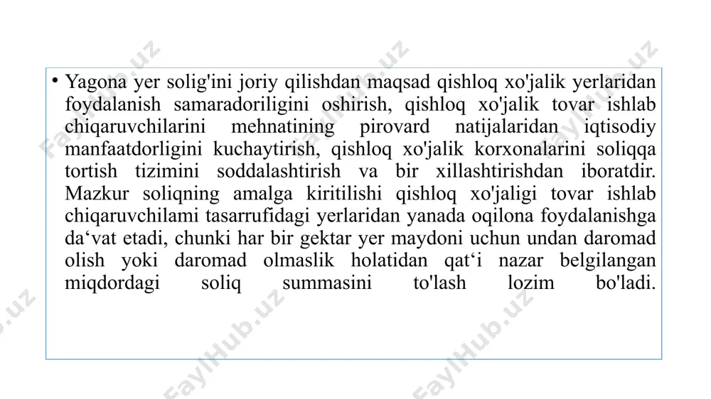 hamda yer uchastkalarining maydonidan (yer uchastkasi joylashgan yer va yer uchastkasining bal bonitetini nazarda tutadigan tuzatish koeffitsienti e‘tiborga olingan holda belgilangan stavkadan) kelib chiqqan holda hisoblab chiqariladi. yagona yer solig'ining hisob-kitobi yer uchastkasi joylashgan yerdagi davlat soliq xizmati organiga joriy soliq davrining 1 - mayigacha taqdim etiladi yil davomida berilgan yer uchastkalari uchun yagona yer solig'i yer uchastkasi berilganidan keyingi oydan boshlab to'lanadi. yer uchastkasi olib qo'yilgan taqdirda, yagona yer solig'ini to'lash yer uchastkasi olib qo'yilgan oydanboshlab to'xtatiladi. yagona yer solig‘ini to‘lash tartibini qo‘llashning o‘ziga xos xususiyatlari yagona yer solig‘ini to‘lash tartibini qo‘llash uchun soliq to‘lovchi har yili joriy soliq davrining 1 fevraliga qadar soliq bo‘yicha hisobga olish joyidagi davlat soliq xizmati organlariga o‘tgan soliq davrida qishloq xo‘jaligi mahsulotini yetishtirish va qayta ishlashning umumiy hajmida qishloq xo‘jaligi mahsulotining o‘zi yetishtirgan va qayta ishlagan ulushi ko‘rsatilgan ma’lumotnomani taqdim etadi. qishloq xo‘jaligi mahsulotini yetishtirish va qayta ishlashning umumiy hajmida qishloq xo‘jaligi mahsulotining …