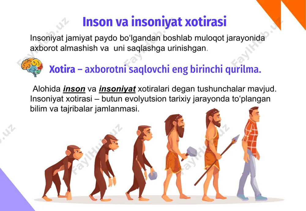 rot tashuvchi vositalar bir o‘ylab ko‘ring topshiriq: kompyuter va insonning ichki xotirasiga ta’alluqli qurilmalardan tashqarisini o‘chiring. bir o‘ylab ko‘ring topshiriq: kompyuterning tashqi va insonning xotirasiga ta’alluqli qurilmalardan tashqarisini o‘chiring. bir o‘ylab ko‘ring topshiriq: axborot tashuvchi bo‘lmagan ob’yektlarni qayd eting. axborotni qabul qilish tartibi insonlar bir-biri bilan muloqotda bo`lishadi, iltimoslar qilishadi, buyruqlar beriladi, hisobot almashinadi, kitob, maqolalar va reklama nashr qilishadi. axborot qabul qilish kitobni o‘qishda, teleko‘rsatuvlarni ko‘rishda yuz beradi. axborotni uzatish va qabul qilish tartibi bu axborot uzatuvchi tomon bu axborotni qabul qiluvchi tomon axborot manbasi hissiy organlar telefon televideniye kompyuter va h.k. axborot qabul qiluvchi axborot kanali axborot uzatishni sodda ko‘rinishda ifodalash mumkin keling o‘ylab ko‘ramiz quyida keltirilgan manbalardan axborot uzatuvchi va qabul qiluvchilarni ajrating: topshiriq: manba qabul qiluvchi qabul qiluvchi manba-qabul qiluvchi qabul qiluvchi-manba manba qabul qiluvchilar manbalar axborot kanallari axborot kanallari biologik va texnik bo‘lishi mumkin. inson hissiy organlari biologik kanal vazifasini bajaradi. signallar axborotni hissiy organlar …