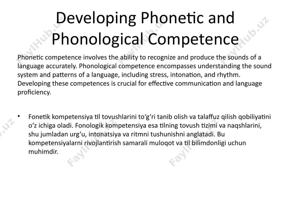 tovushlarni shakllantiradi. articulatory features of sounds articulatory features describe how speech sounds are produced concerning the place and manner of articulation. for instance, bilabial sounds involve both lips (e.g., /p/, /b/), while fricative sounds are produced by constricting airflow (e.g., /f/, /v/). tovushlarning artikulyatsion xususiyatlari ularning ishlab chiqarilish joyi va usuliga bog‘liq. masalan, bilabial tovushlar ikkala lab ishtirokida hosil bo‘ladi (/p/, /b/), frikativ tovushlar esa havo oqimini toraytirish orqali yaratiladi (/f/, /v/). conclusion mastering phonetic and phonological aspects is essential for accurate pronunciation, comprehension, and effective communication in any language. fonetik va fonologik jihatlarni puxta o‘zlashtirish har qanday tilni to‘g‘ri talaffuz qilish, tushunish va samarali muloqot uchun zarurdir. /docprops/thumbnail.jpeg