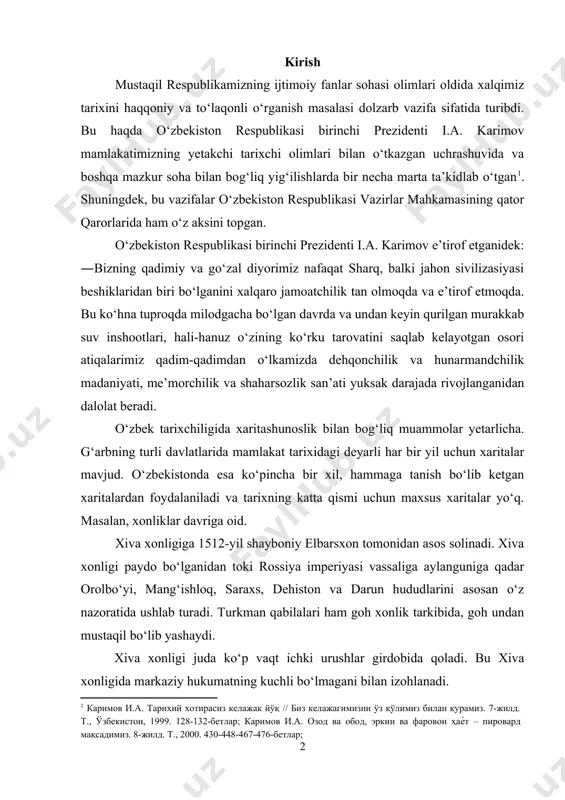 k san’ati yuksak darajada rivojlanganidan dalolat beradi. o‘zbek tarixchiligida xaritashunoslik bilan bog‘liq muammolar yetarlicha. g‘arbning turli davlatlarida mamlakat tarixidagi deyarli har bir yil uchun xaritalar mavjud. o‘zbekistonda esa ko‘pincha bir xil, hammaga tanish bo‘lib ketgan xaritalardan foydalaniladi va tarixning katta qismi uchun maxsus xaritalar yo‘q. masalan, xonliklar davriga oid. xiva xonligiga 1512-yil shayboniy elbarsxon tomonidan asos solinadi. xiva xonligi paydo bo‘lganidan toki rossiya imperiyasi vassaliga aylanguniga qadar orolbo‘yi, mang‘ishloq, saraxs, dehiston va darun hududlarini asosan o‘z nazoratida ushlab turadi. turkman qabilalari ham goh xonlik tarkibida, goh undan mustaqil bo‘lib yashaydi. xiva xonligi juda ko‘p vaqt ichki urushlar girdobida qoladi. bu xiva xonligida markaziy hukumatning kuchli bo‘lmagani bilan izohlanadi. xiva xonligi markazlashgan hokimiyat va eng katta chegaralarga o‘zbeklarning qo‘ng‘irot urug‘idan chiqqan (qo‘ng‘irot urug‘i xiva taxtini 1770-yil qo‘lga kiritgan edi) muhammad rahimxon i davrida erishadi. muhammad rahimxon xivaga doimiy bo‘ysunuvchi hududlardan tashqari sirdaryoning quyilish qismi va qoraqalpoqlarning qo‘ng‘irot hududlarini bo‘ysundiradi. shuningdek, rahimxon …