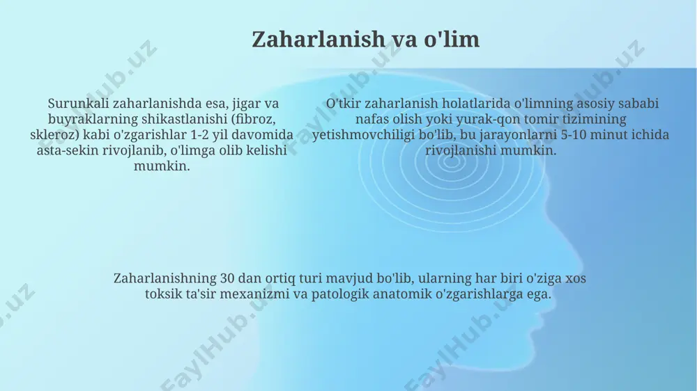 al gematomalar yoki diffuz aksonal shikastlanish, o'limning travmatik sabablarini ko'rsatuvchi muhim patologik topilmalardir. bosh miya shikastlanishlari, masalan, 1-2 sm gacha bo'lgan intraserebral gematomalar yoki diffuz aksonal shikastlanish, o'limning travmatik sabablarini ko'rsatuvchi muhim patologik topilmalardir. jigar va buyrak kasalliklari va o'lim buyrak transplantatsiyasi o'tkazilgan bemorlarda jigar kasalliklari rivojlanish xavfi 15% ga oshadi va bu o'limga olib kelishi mumkin. surunkali buyrak kasalliklari (skb) bilan og'rigan bemorlarda jigar kasalliklari xavfi 2-3 baravar yuqori bo'lib, bu esa o'lim xavfini oshiradi. jigar sirrozining 3-4 bosqichi buyrak yetishmovchiligiga olib kelishi mumkin, bu esa o'limga sabab bo'ladigan ko'p organ yetishmovchiligini keltirib chiqaradi; o'lim hollari soni 50% ga yaqin. hayot tarzining ta'siri va o'lim surunkali stress va uyqusizlikning 5 yildan ortiq davom etishi, immunitet tizimini zaiflashtirib, turli xil infektsion va onkologik kasalliklarga chalinish xavfini sezilarli darajada oshiradi, o'limga olib kelishi mumkin. hayot tarzining salbiy omillari, masalan, chekish (yiliga 20 dona sigaretdan ortiq) va alkogol iste'moli, yurak-qon tomir kasalliklari …
