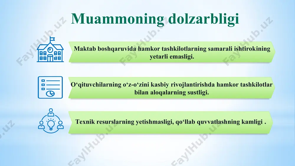 i muhim omil sifatida ko‘rib chiqadi. 3. “ta’lim menejmenti” r.x.djurayev, s.t.turg‘unov. tahlil: kitobda maktabni strategik boshqarish va rejalashtirish, rahbarlar faoliyatini tashkil etish va boshqa masalalar yoritilgan. 4. “ta’lim menejmenti yoxud ta’lim tashkilotini ilmiy-metodik boshqarishga innovatsion yondashuv”. shukur po‘latov.2022 tahlil: kitobda ta’lim muassasalari faoliyatini innovatsion boshqarishning nazariy va texnologik asoslari va boshqa masalalari yoritilgan. 1.gevin kennedi “muzokara san’ati“ asari. tahlil: kitobda bo‘lajak uchrashuvga qanday tayyorgarlik ko‘rish, qanday qilib o‘z nuqtai nazaringizni foydali tarzda taqdim etish, qanday savdolashish va muzokara jarayonini barcha ishtirokchilar uchun o‘zaro manfaatli qilish haqida so‘z boradi. 2. в.а.козакова "управление образовательной организацией: теория и практика " tahlil: bu kitob ta'lim tashkilotlarini boshqarishning nazariy va amaliy jihatlarini yoritadi, shu jumladan, hamkor tashkilotlar bilan ishlashni ham qamrab oladi. 3.david hopkins "partnerships for school improvement" (maktab rivoji uchun sheriklar (hamkorlar) asari. tahlil: bunda maktablarning ta’lim sifatini oshirish maqsadida turli hamkorliklarni rivojlantirish tajribalari tahlil qilinadi. mahalliy adabiyotlar xorijiy adabiyotlar maktab boshqaruvida hamkor tashkilotlarning …