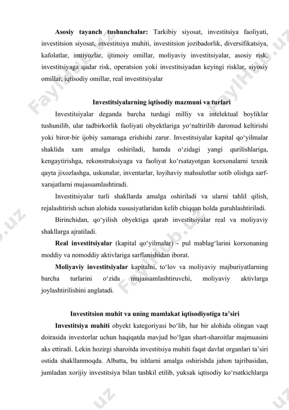 un haqiqatda mavjud bo‘lgan shart-sharoitlar majmuasini aks ettiradi. lekin hozirgi sharoitda investitsiya muhiti faqat davlat organlari ta’siri ostida shakllanmoqda. albatta, bu ishlarni amalga oshirishda jahon tajribasidan, jumladan xorijiy investitsiya bilan tashkil etilib, yuksak iqtisodiy ko‘rsatkichlarga erishgan kompaniya va firmalar tajribasidan kengroq foydalanish kerak. bu jarayonni amalga oshirishda milliy xususiyatlarni ham hisobga olish lozim. davlat hokimiyatining ta’sirchanligi investitsiya muhitini aniqlovchi omillardan biridir. shundan kelib chiqib, har bir kapital jalb qiluvchi mamlakat ma’lum bir investitsiya tizimiga egaligini ta’kidlash mumkin. bu tizim huquqiy me’yorlar va muassasalardan iborat xorijiy investitsiyalarni qabul qilish tizimi va investitsiya muhitini o‘z ichiga oladi. xorijiy kapitalni qabul qilish tizimi investitsiya muhitining komponenti bo‘lib xizmat qiladi va unga nisbatan mustaqil ravishda tashkil etiladi. chunki u investitsiya muhitini o‘zgartirishga qodirdir. xorijiy investitsiyalarni qabul qilish tizimi qabul qiluvchi tomonni xorijiy kapitalni milliy iqtisodiyotga qulay ravishda kirib kelishini namoyon etsa, investitsiya muhiti kirib kelgan kapitalni mamlakat ichida optimal ravishda o‘sib borish vaziyatiga baho …