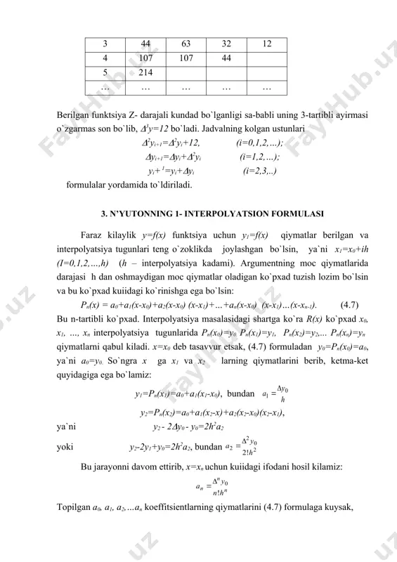 ulaga, p=2 bo`lganda esa ko`rinishdagi parabolik interpolyatsion formulaga ega bo`lamiz. n’yutonning 1-formulasini oldinga qarab interpolyatsiyalash formulasi ham deyiladi. (4.9) formulaning koldik, xadi (4.10) bu erda ( ( [x0, xn] funktsiyaning analitik ko`rinishi har doim ham ma`lum bulavermaydi. bundai xollarda chekli ayirmalar to`zilib, deb olinadi. u xolda n’yutonning birinchi interpolyatsion formulasi uchun xatolik (4.11) formula orqali topiladi. misol. u=lgx funktsiyaning 4.3-jadvalda berilgan qiymatlaridan foydalanib, uning x=1001 bo`lgan xoldagi qiymatini toping. 4.3-jadval x y δy δ2y δ3y 1000 3,0000000 43214 - 426 8 1010 3,0043214 42788 - 418 9 1020 3,0086002 42370 - 409 8 1030 3,0128372 41961 - 401 1040 3,0170333 41560 1050 3,0211893 echish. chekli aiirmalar jadvalini to`zamiz. 4.3- jadvaldan ko`rinib turibdiki, 3-tartibli chekli ayirma o`zgarmas, shu sababli (4.9) formula uchun n=3 olish etarli: x=1001 uchun q = 0,1 (h=10). shuning uchun endi koldik xadni baxolaymiz. (4.10) formulaga asosan n=3 bo`lganda quyidagiga egamiz: bu erda 1000<(<1030. f(x) =lgx bo`lgani sababli …