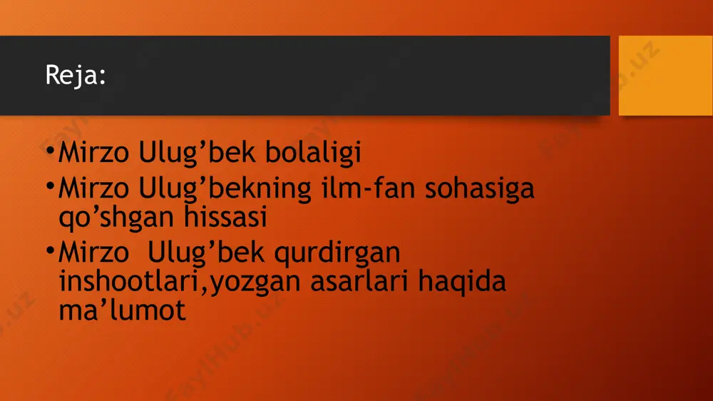 ’riyatini yaxshi bilgan, adabiy uslublarni egallagan va adabiy bahslarda ishtirok etgan. o‘zi ham she’rlar yozgan. ulug‘bekning ustozi taniqli olim, temuriylar saroyidagi mashhur matematik va astronom qozizoda rumiy bo‘lgan. ulug‘bekning asosiy ilmiy mehnati “zidjiy jadidi ko‘rag‘oniy” hisoblanadi yoki “gurgonning yangi astronomiy jadvali” deb nomlanadi. muallif ushbu asarni 1444 yil, o‘ttiz yillik tirishqoqlik va astronomik kuzatuvlardan so‘ng yakunlagan. “ulug‘bekning zidji” to‘rt yirik qilsmdan iborat. xronologiya nomini olgan birinchi qismida turli sharq xalqlari tomonidan qabul qilingan xronologik usullar bayon etilgan. ikkinchi qismida amaliy astronomiya masalalari ifodalangan, uchinchisi — dunyoning geomarkaziy tizimi asosida ko‘zga ko‘rinarli yulduzlar harakati haqida ma’lumot bersa, to‘rtinchisi astrologiyaga bag‘ishlanadi — o‘rta asrlar dunyoqarashi fanining muqarrar taqdiri. mirzo ulug’bekning yozgan asarlari qurdirgan inshootlari: 1417-1420 yillar ulug‘bek samarqandda madrasa qurdirib, registonda barpo etilgan birinchi me’moriy ansamblga aylanadi. ushbu madrasaga ulug‘bek islom olamining ko‘plab astronom va matematiklarini taklif etadi. qolgan ikkita madrasa g‘ijduvon va buxoroda qurilgan. ulug‘bek tomonidan qurilgan madrasalar universitet vazifasini bajargan. …
