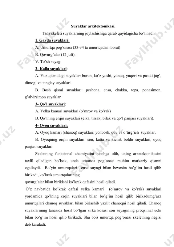 shi natijasida tana skeleti hosil bo’ladi. suyaklar birlashuvi anatomik-fizialogik xususiyatiga ko’ra uch turga bo’linadi 1.harakatsiz (o’zluksiz) birlashma -sinartrosis. 2.harakatchan (o’zlukli) birlashma-diarthrosis. 3.yarim bo’g’in (chala bo’g’in)- hemiartrosis. harakatsiz yeki kam harakatli birlashmada suyaklar o’zaro tog’ay yoqi kushuvchi parda yordamida birlashadi va o’z navbatida uchga bo’linadi. 1.sindesmos birikish: suyaklar tolali biriktiruvchi to’qimalar vositasida birikadi. maslan boldir va bilak suyaklararo parda vositasida birikishi, kalla skeleti qopqog’i suyaklarining chok hosil qilib birikishi. 2.sinxondroz birikish: suyaklar tog’ay to’qimasi ishtiroqida birikadi. masalan, qovurg’alarning to’shga birikishi yoqi umurtqa suyagi tanalarining tog’ay diski vositasida birikishi. 3.sinostoz birikish: suyaklarning o’zaro bevosita birikishi, masalan 5 ta dumg’aza umurtqasining bitta dumg’aza suyagiga birikishi. harakatchan birikishda suyaklar bo’g’imlar hosil qiladi. bunda bo’g’im yuzasini hosil qilishda asosiy hosilalar (komponentlar) bo’lishi lozim: 1) suyaklarda bo’g’im yuzalari bo’lishi shart. 2) bo’g’im yuzalari tog’ay bilan qoplangan bo’lishi lozim. 3) bo’g’im kapsulasi (xaltasi) 2 kavatdan iborat bo’lib, ichki sinovial (shillik) suyo’qlik ishlab chikariladigan va tashqi: yupqa, pishik …