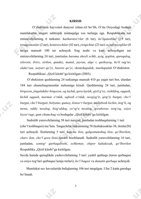 “ga kiritilgan. suvda hamda quruqlikda yashovchilarning 3 turi: yashil qurbaqa (turon qurbaqasi va osiyo togʻlari qurbaqasi kenja turlari), koʻl baqasi va danatin qurbaqa uchraydi. mamlakat suv havzalarida baliqlarning 106 turi tarqalgan. ular 2 katta guruhga boʻlinadi. 1.yo’qolib borayotgan hayvonlar va ularning muhofazasi markaziy osiyoning yo’qolib borayotgan 10 turdagi jonzoti 2014 yili butunjahon yovvoyi tabiat jamg‘armasi e'lon qilgan hisobotda bayon qilinishicha, 1970 yildan buyon yer yuzida yovvoyi hayvonlar soni ikki baravar kamaydi. ana shunday kamayib ketayotgan hayvonlarning markaziy osiyodagi noyob 10 ta turi haqida quyida maʼlumot beriladi buxoro kiyigi. 1999 yildayoq buxoro kiyiklari soni 400 boshdan kamaygani qayd etilgan. ularning ko‘pi tojikistonda davom etgan fuqarolik urushi payti halok bo‘ldi. ayni paytda tojikiston qo‘riqxonasida saqlanayotgan noyob kiyiklar 850 boshga yetdi, biroq zarafshon qo‘riqxonasida ular bor-yo‘g‘i 40 boshni tashkil etadi.(1-rasm) 1-rasm. izoh : buxoro kiyigi erkagi va urgʻochisi jayron. tezchopar kiyiklar oilasiga mansub jayron asosan turkmaniston va qozog‘iston hududlarida uchraydi. uning shoxi va …