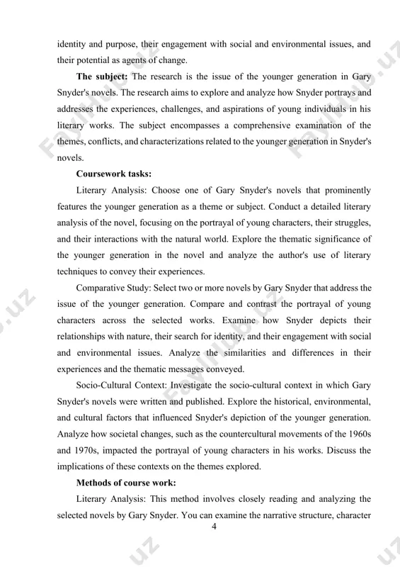 t prominently features the younger generation as a theme or subject. conduct a detailed literary analysis of the novel, focusing on the portrayal of young characters, their struggles, and their interactions with the natural world. explore the thematic significance of the younger generation in the novel and analyze the author's use of literary techniques to convey their experiences. comparative study: select two or more novels by gary snyder that address the issue of the younger generation. compare and contrast the portrayal of young characters across the selected works. examine how snyder depicts their relationships with nature, their search for identity, and their engagement with social and environmental issues. analyze the similarities and differences in their experiences and the thematic messages conveyed. socio-cultural context: investigate the socio-cultural context in which gary snyder's novels were written and published. explore the historical, environmental, and cultural factors that influenced snyder's depiction of the younger …