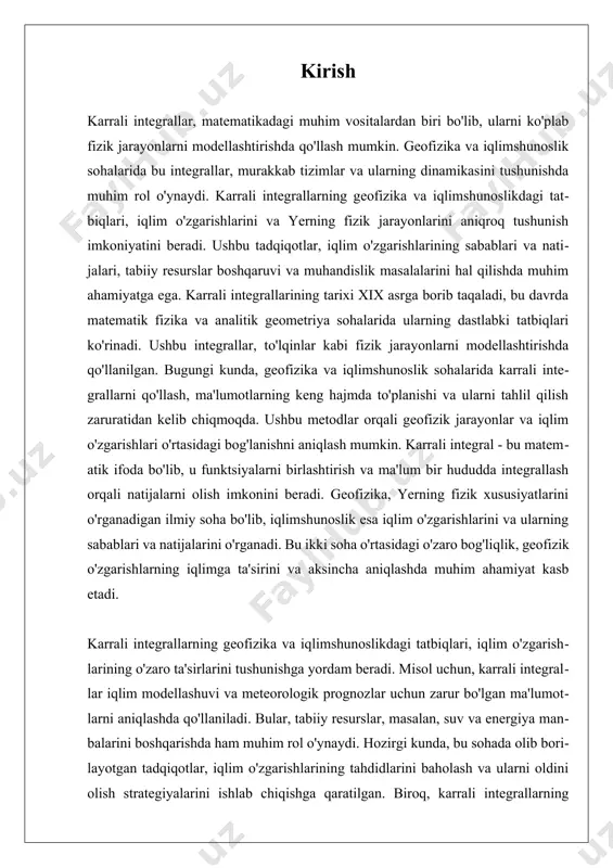 irlashtirish va ma'lum bir hududda integrallash orqali natijalarni olish imkonini beruvchi asbob sifatida tanilgan. ular iqlimshunoslikda murakkab tizimlar, masalan, atmosferaning harakati, suv aylanishi va iqlim o'zgarishlari kabi jarayonlarni modellashtirishda keng qo'llaniladi. iqlim modellashuvi, iqlim tizimlarining dinamikasini tushunish va bashorat qilish uchun zarur bo'lgan matematik va statistik metodlarni o'z ichiga oladi. karrali integrallar yordamida iqlim modellari yaratishda, turli xil iqlim parametrlarini hisobga olish, masalan, harorat, namlik, shamol tezligi va boshqa faktorlar, muhimdir. bunday modellar, shuningdek, iqlim o'zgarishlarining global va lokal darajadagi ta'sirlarini baholashda foydalaniladi. karrali integrallarni qo'llash orqali, iqlimshunoslar atmosfera jarayonlarini aniqroq tasvirlashga muvaffaq bo'lishmoqda. misol uchun, karrali integrallar yordamida atmosfera bosimi, harorat va namlikning o'zgarishi kabi jarayonlar o'rganilishi mumkin. bu jarayonlarni modellashtirish, iqlim o'zgarishlarining sabablarini va natijalarini aniqlashda yordam beradi. shuningdek, bu metodlar, iqlim modellashuvining aniqligini oshirish va meteorologik prognozlarni yaxshilashda ham qo'llaniladi. karrali integrallar yordamida iqlim modellashuvi shuningdek, iqlim o'zgarishlarining tahdidlarini baholash va ularni oldini olish uchun strategiyalar ishlab …