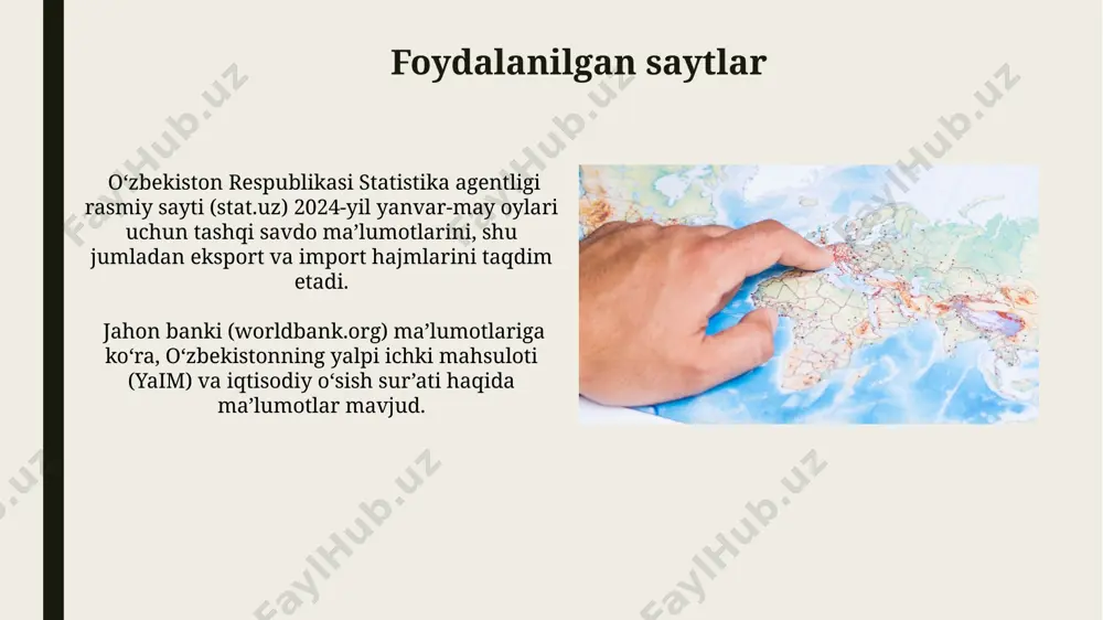 dabiyotlar 1994-yilda nashr etilgan “oʻzbekiston bozor munosabatlariga oʻtish yoʻlida” asari mustaqillikdan keyingi davrda tashqi savdo siyosatining shakllanishi va oʻzgarishlariga bagʻishlangan. 2023-yil nashr etilgan “oʻzbekiston respublikasi va jahon hamjamiyati” kitobi mamlakatning tashqi siyosati, savdo aloqalari va geosiyosiy oʻzgarishlarni oʻrganishda muhim manba hisoblanadi. tayanch iboralar eksport va import tarkibida 2024-yilning birinchi choragida 6,2% o'sish kuzatilib, 15,8 milliard dollarni tashkil etgan, 40,3% eksport va 59,7% import hissasini tashkil etgan. logistika tizimini rivojlantirish, 2021 yilda 10 apreldan boshlab yevropa ittifoqi tomonidan berilgan gsp+ imtiyozlari orqali eksport hajmining 2 barobar oshishini ko'rsatadi. mustaqillikdan avvalgi tashqi savdo aloqalari markaziy osiyo, shu jumladan oʻzbekiston hududi, qadimgi davrlardan boshlab buyuk ipak yoʻli orqali sharq va gʻarbni bogʻlab turuvchi muhim savdo yoʻnalishlaridan biri boʻlib, xitoy, hindiston, fors va boshqa davlatlar bilan keng savdo aloqalari mavjud boʻlgan. mustaqillikdan avvalgi davrda oʻzbekistonning tashqi savdosi asosan rossiya va boshqa sobiq ittifoq respublikalari bilan amalga oshirilgan boʻlib, eksport-import operatsiyalari markazlashgan tarzda boshqarilgan. e'tiboringiz …