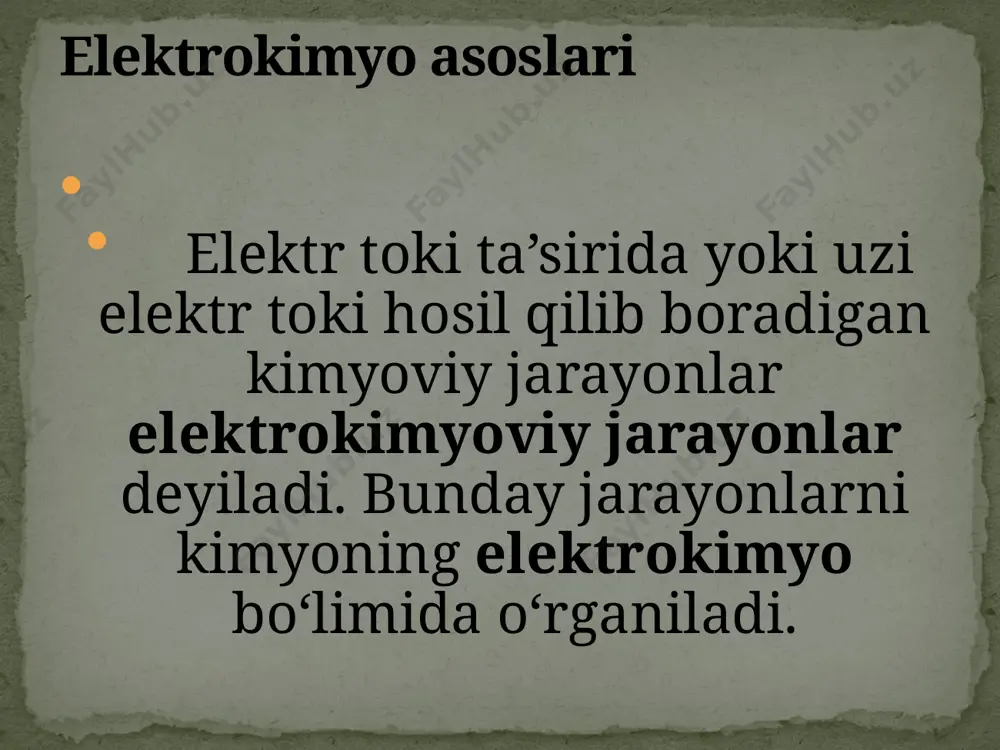 ani uchun, bu elektrodlar potenciallari gazlarning parcial bosimiga bog‘liq bo‘ladi. vodorod elektrod uchun nernst tenglamasini 298k da quiydagicha yozish mumkin: 0,059 a2n+ eh+/h = ---------- lg ----------- 1 pn2 bu yerda : pn2 –vodorod parcial bosimi, a2n+ -elektrolitdagi h+ ionning aktivligi. aloxida olingan elektrodning potenciali absolyut potencial deyiladi. lekin uni ulchash juda qiyin. shuning uchun amalda nisbiy elektrod potenciali bilan ish kuriladi. buning uchun solishtirilayotgan elektrodlarning birini absolyut potenciali nolga teng deb qabul kilngan. standart potencial haqida tushuncha elektrodning standart potenciali (eº) deb , aktiv ionlar koncentrasiyasini 1 mol/l ga teng bo‘lgan, 25 0c da uz tuzi eritmasiga tushirilgan elektrod potenciali bilan standart vodorod elektrod potenciali orasidagi ayirmaga aytiladi. standart elektrod potencial qiymatini aniqlash uchun galvanik element tuziladi. bu galvanik elementda standart vodorod elektrod, ikkinchi elektrod sifatida potencial qiymati aniqlanishi kerak bo‘lgan metall plastinka olinadi masalan, ruxning normal potencialini aniqlashda aktiv rux ionlari koncentratsiyasi 1 mol/l ga teng bo‘lgan zns04 …