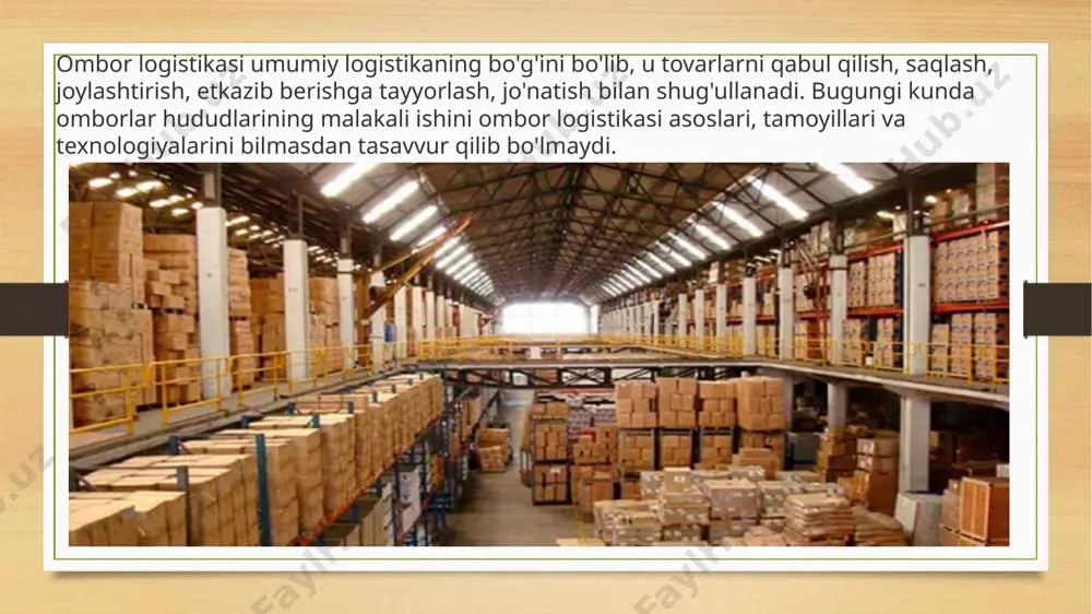 ing. barcha tamoyillarga rioya qilish ombor logistikasining texnologik operatsiyalarini yanada samaraliroq qiladi. kompaniyaning ombor logistikasi qanday bo'lishi kerak har qanday kompaniyaning rahbarlari ombor logistikasi muhimligini tushunadilar. va bu erda asosiy savol"menga vakolatli ombor logistikasidan nima foyda" da emas, balki "muayyan kompaniya uchun qanday logistika samaraliroq bo'ladi". omborni saqlashni boshqarish uchun umumiy talablar: maksimal samaradorlik; "shveytsariya soatlari" ning aniqligi; barcha yuklarning xavfsizligi kafolati; minimal naqd xarajatlar. yuqori sifatli ombor logistikasi quyidagilarning mavjudligini nazarda tutadi: malakali mutaxassislar; maxsus texnikaning katta avtotransport parki; turli xil omborlar (tasniflashning turli toifalariga kiradi); aniq amaliy ishlarning muvaffaqiyatli tajribasi. image5.png image6.png image7.jpeg image8.jpeg image9.jpeg image10.jpeg image3.png image4.png /docprops/thumbnail.jpeg