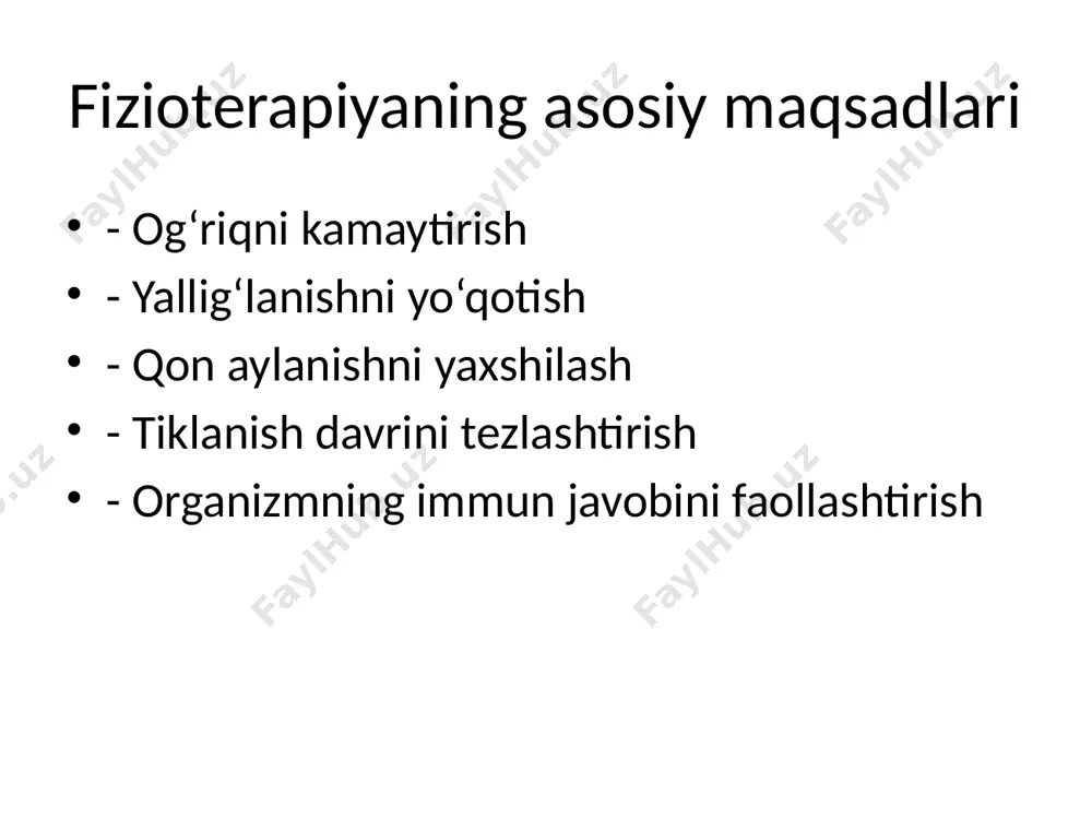 tuxumdon yetishmovchiligida 2. lazer terapiyasi – bachadon bo‘yni eroziyasida 3. parafin muolajasi – spaykali holatlarda xulosa fizioterapiya usullari ginekologik va akusherlik amaliyotida dori vositalarisiz sog‘lomlashtirish imkonini beradi. to‘g‘ri tanlangan usul bemorning sog‘lig‘ini tiklashda muhim rol o‘ynaydi. /docprops/thumbnail.jpeg