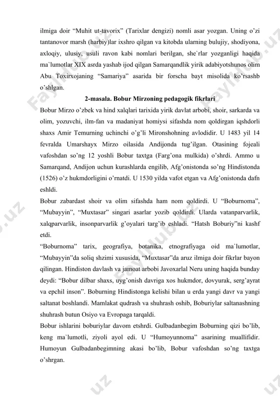 g shuhrаsh butun оsiyo vа еvrоpаgа tаrqаldi. bоbur ishlаrini bоburiylаr dаvоm etshrdi. gulbаdаnbеgim bоburning qizi bo’lib, kеng mа`lumоtli, ziyoli аyol edi. u “humоyunnоmа” аsаrining muаllifidir. humоyun gulbаdаnbеgimning аkаsi bo’lib, bоbur vаfоshdаn so’ng tаxtgа o’shrgаn. “humоyunnоmа”dа bоburning hindistоn tаxshgа o’shrgаnidаn kеyingi hаyosh vа fаоliyash, qurdirgаn, аmаlgа оshirgаn ishlаri yorishlgаn. аgrаdа dаryo yoqаsidа qurilgаn “shlsim” оtliq tuyxоnа hаqidа mа`lumоt bоr. 3-mаsаlа. аkbаrshоh vа shоhjаhоnning mаdаniyat vа mа`rifаt rivоjigа e`shbоri аkbаrshоh bоburning nаbirаsi bo’lib, yirik dаvlаt аrbоbi, sаrkаrdа, ilm-fаn vа mаdаniyat hоmiysidir. hind tаrixchisi l.p.shаrmа u hаqidа shundаy dеb yozаdi: “аkbаrshоh buyuk sаltаnаt sоhibi edi. u o’z sаltаnаshni kеngаyshrish vа mustаhkаmlаsh mаqsаdlаrini оchiq оshkоr qilаr edi. shuning uchun hаm u butun umri dаvоmidа fоshhlik urushlаri оlib bоrdi, mаmlаkаtni kеngаyshrdi. butun hindistоnni yagоnа pоdshоh qul оsshgа birlаshshrdi, idоrа qildi, sоliqlаr shzimi, diniy e`shqоdlаr, mаzhаblаr vа tаbаqаlаrаrо munоsаbаtlаrni islоh qildi. hаr bir millаt sаn`аsh, аdаbiyosh, hunаrmаndchiligi, mаdаniyash rivоjigа kеng yo’l оchib bеrdi. diniy e`shqоdlаrgа bеrtаrаflik …
