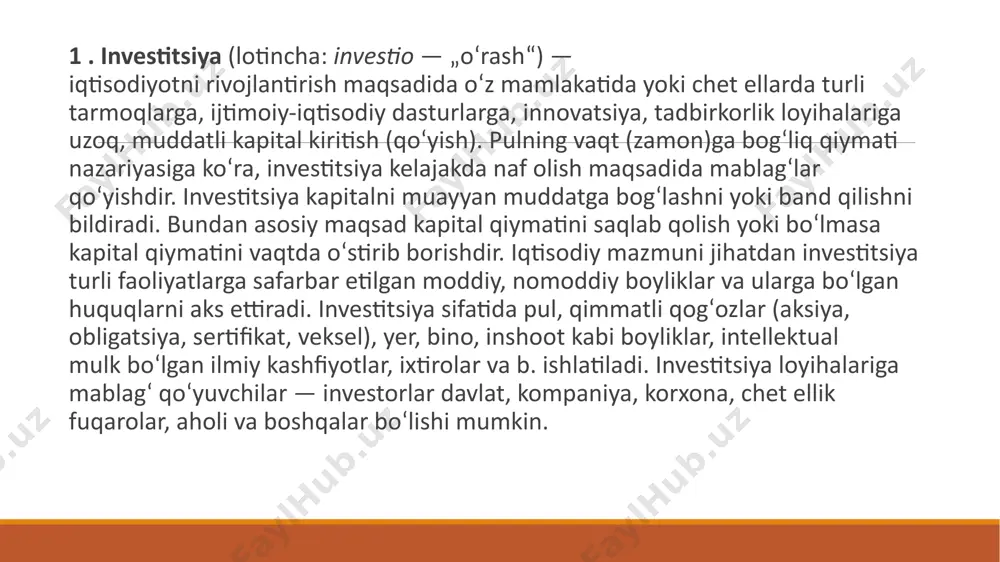 larning e’tiborini jalb qilib kelmoqda. xavfsizlik masalalari qadimdan faylasuflar, iqtisodchi va siyosatchilar, jumladan, demokrit, aristotel, platon kabi allomalarni ham o’ylantirgan. xx asrda jamiyat xavfsizligiga bo’lgan zamonaviy qarashlarga v.paretto va rossiyalik yirik olim a.bogdanovlarning asarlarida asossolingan. «xavfsizlik» tushunchasi ko’p qirrali bo’lib, turlicha ma’noda talqin etiladi. shunga qaramasdan ularda umumiy g’oya ham mavjud bo’lib, bunga ko’ra xavfsizlik insoniyat hayotining turli sohalarida vujudga keladigan xavf- xatarlardan himoyalanish, kafolatlanish ma’nosini anglatadi. xavf-xatar esa davlat va jamiyat rivojlanishiga, normal amal qilishiga tahdid soluvchi potensial yoki real kuch, omil hisoblanadi. iqtisodiy xavfsizlik o’zining ob’ekt va sub’ektlariga ega bo’lib, uning ob’ekti deganda mamlakatning iqtisodiy tizimi hamda uni tashkil etuvchi elementlari tushuniladi. iqtisodiy xavfsizlik obektlariga quyidagilar kiradi: - tabiiy boyliklar; - inson resurslari, mehnatga layoqatli aholi; - ishlab chiqarish fondlari; - ko’chmas mulk; - moliyaviy resurslar; - xo’jalik tizimlari; - mintaqalar; - oila; - inson. iqtisodiy xavfsizlik subektlari quyidagilardan iborat: - funksional va tarmoq vazirliklari hamda idoralari; - …