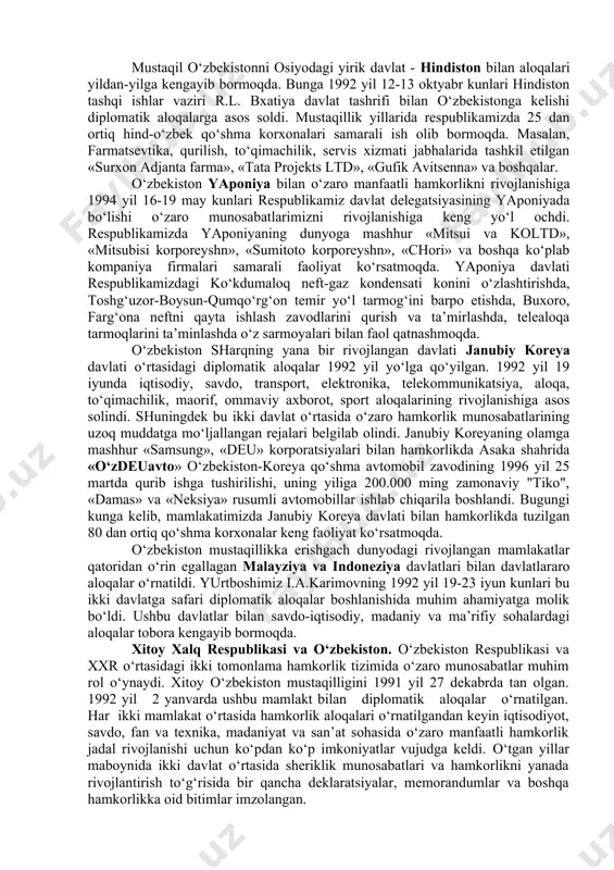 kiloti, bmt ning bolalar fondi, xalqaro pochta ittifoqi, elektr aloqasi bo‘yicha xalqaro ittifoq, jahon meteorologiya tashkiloti, xalqaro olimpiya qo‘mitasi kabi yana bir qancha tashkilotlarga a’zo bo‘ldi. o‘zbekiston 2001 yilning iyun oyida «shanxay xalqaro hamkorlik tashkiloti» ga a’zo bo‘ldi. unga xitoy, rossiya, qozog‘iston, qirg‘izston va tojikiston respublikalari ham doimiy a’zodirlar. bugungi kunda izchil faoliyat ko‘rsatayotgan xalqaro siyosiy-iqtisodiy tashkilotlar xaqida so‘z yuritilganda, shubhasiz, birinchi navbatda shanxay hamkorlik tashkiloti tilga olinmoqda. dastlab “shanxay beshligi” deb nomlangan bu tashkilotga 2001 yilda o‘zbekiston respublikasi a’zo bo‘lib qo‘shilgach, “shanxay hamkorlik tashkiloti” deb ataladigan bo‘ldi. ayni paytda unga rossiya federatsiyasi, xitoy xalq respublikasi, o‘zbekiston, qozog‘iston, tojikiston va qirg‘izston respublikalari rasman a’zodirlar. tashkilotning “terrorizm, separatizm va ekstremizmga qarshi kurash to‘g‘risida shanxay konvensiyasi” imzolangan bo‘lib, 2002 yil iyulida sankt-peterburgda u yanada mustahkamlandi. 2003 yil may oyida moskva shxtning tashkiliy organlari, ramzlari tasdiqlanib, o‘zbekiston tashkilotining yangi raisi etib belgilandi. 2003 yil sentyabrda pekinda “shhtga a’zo davlatlarning 20 yilga mo‘ljallangan savdo-iqtisodiy …