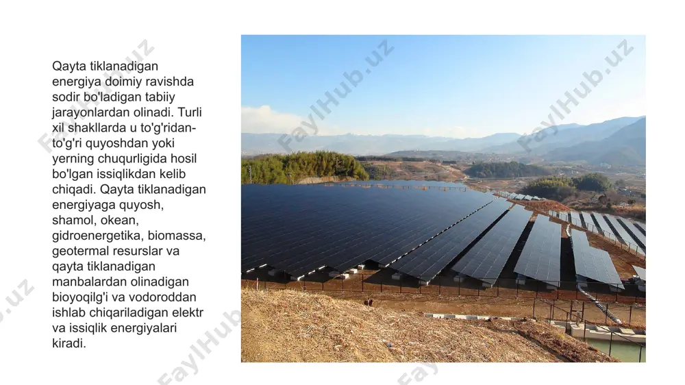 shga doir ishlar jadal ravishda olib borilmoqda o‘zbekistonda, 1 m³ tabiiy gaz narxi 380 so‘m, yuridik shaxslar uchun esa 1100 so‘m alohida narxlar ham mavjud). solishtirish oson bo‘lishi uchun har 1000 m³ uchun narxlarni aqsh dollarida hisoblasak. aholi uchun 1000m³ tabiiy gaz 34 dollar va yuridik shaxslar uchun esa100 dollarga teng. oxirgi 5 yildagi tabiiy gaz narxlari pandemiya davrigacha o‘rtacha 1000m³ uchun 300 dollar atrofida, pandemiya davrida 80 -100$ gacha, eng yuqori narx esa shu yil qayd etilgan bo‘lib deyarli 4000 dollarga yetgan edi, hozirgi kunda esa 1000 dollar atrofida shakllangan. shamol elektr stansiyasi (shes) — shamol oqimining kinetik energiyasini elektr energiyasiga aylantiruvchi kurilma. shamol dvigateli, elektr toki generatori, generator va dvigatelning ishini boshkaruvchi avtomatik qurilma xamda ular oʻrnatiladigan inshootlardan iborat. shamol elektr stansiyasidan, koʻpincha, shamol oqimining oʻrtacha yillik tezligi yuqori (5 m/sek dan katta) boʻlgan va markazlashtirilgan elektr taʼminot tarmoqlaridan uzoqda joylashgan hududlarda (mas, oʻrta osiyoda — dasht, chul …