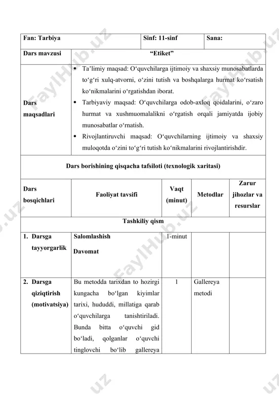 ing. 1 mavzu bayoni etiket — bu insonlar oʻrtasidagi muloqotda, jamiyatda va turli vaziyatlarda qoidalar va meʼyorlar toʻplamidir. u odob-axloq, xushmuomalalik va oʻzaro hurmatni namoyon etish uchun zarur boʻlib, har bir insonning jamiyatdagi muvaffaqiyatli va samarali oʻzaro aloqalarini taʼminlaydi. etiketning asosiy maqsadi, boshqalar bilan yaxshi munosabatlar oʻrnatish va ijtimoiy muhitda hamdardlik, hamjihatlik va tinchlikni saqlashdir. etiket nafaqat odamlar oʻrtasidagi ijobiy munosabatlarni rivojlantiradi, balki shaxsiy va ijtimoiy muvaffaqiyatga erishishning ham muhim qismidir. u har bir insonning oʻzini jamiyatda qanday tutishini, boshqalarga qanday taʼsir koʻrsatishini belgilaydi. yaxshi etiket insonni nafaqat madaniyatli va intizomli koʻrsatadi, balki uning ijtimoiy aloqalaridagi muvaffaqiyatga ham yordam beradi. jamiyatda etiket, oʻzaro muloqotda soddalik va hurmatni saqlashni taʼminlaydi. kundalik hayotda odamlar orasidagi salomlashish, suhbatlashish, oʻzaro yordam, ijtimoiy yigʻinlar va boshqa faoliyatlarda etiket qoidalari amal qiladi. shuningdek, etiket ijtimoiy ziddiyatlarni kamaytiradi va odamlar orasida ijobiy muhit yaratadi. ijtimoiy meʼyorlar va odob-axloq qoidalariga rioya qilish orqali odamlar bir-biriga toʻgʻri munosabatda boʻlishni …