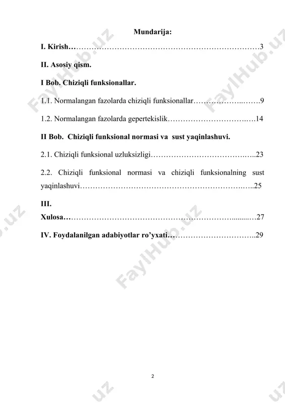 bilimlarini shakllantirish, masalalar yechishda malaka va ko'nikmalar hosil qilish, hamda ularda integral tenglamalar bilan ishlash mahoratini paydo qilishdan iborat. kurs ishini o'qish jarayonida talabalar o'zlarining matematik analiz, chiziqli algebra va geometriyadan olgan bilimlarini to'ldiradilar, hamda ularni funksional fazolarga moslab qo'llaydilar, ya'ni mustahkamlaydilar. talabalar chiziqli funksional va operator tushunchalari bilan tanishadilar va ularning asosiy xossalarini o'rganadilar. cheksiz o'lchamli funksional fazolarni o'rganish jarayonida o'quvchilar funksional analizning kuchli va nozik usullarini tushunishga biroz qiynaladilar, lekin tushunib yetganlaridan keyin o'zlarida ilmga undovchi qandaydir ichki kuch sezadilar. bu kuch ta'siri ularda cheksiz o'lchamli fazolarda har qanday fundamental ketma-ketlik yaqinlashuvchi bo'lavermasligi va birlik sharning kompakt bo'lmasligini tushunib yetganlarida namoyon bo'ladi. o'zmu va samduda funksional analiz hamda funksional analiz va integral tenglamalar fanidan ma'ruza va amaliy mashg'ulotlar olib boruvchi professor-o'qituvchilarning ko'p yillik ish tajribalari asosida yozilgan. kur ishi ta'rif, teorema, lemma va formulalar alohida nomerlangan. tajribalarimizdan kelib chiqib aytishimiz mumkinki, bu kitob yosh mutaxassislarga funksional analiz va …