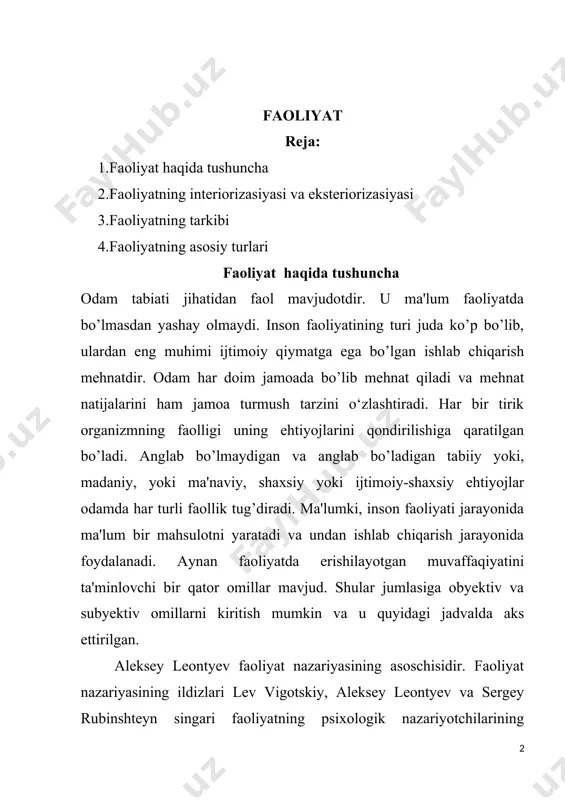 qishga uringan. lev vigotskiy rossiyalik yosh davrlari psixologi, ongning til orqali qanday qilib ijtimoiy ta’sirlashuvga harakat qilishini o’rgangan. agar hayvonlarni xatti-harakatlari bevosita tevarak-atrofdagi muhit bilan belgilansa, odamning faolligi esa ilk yoshlik davridan boshlaboq, butun insoniyatning tajribasi va jamiyat talabi bilan boshqariladi. shu bois, "faoliyat", "faollik", "xatti-harakat" tushunchalarining mazmun mohiyatini anglab olish lozim. shunga ko’ra, adabiyotlarda mazkur tushunchalarga berilgan ta'riflarga asosiy e'tiborni qaratish lozim. a.v.petrovskiy tahriri ostida chiqqan "umumiy psixologiya" darsligida: "faoliyat - kishining anglangan maqsad bilan boshqarilib turiladigan ichki (psixik) va tashqi (jismoniy) faolligidir" -deb ta'riflanadi. m.g.davletshin muallifligida chop etilgan "psixologiya" qisqacha izohli lug’atida: "faollik - tirik materiyaning umumiy xususiyati, tevarak-atrofdagi muhit bilan o‘zaro ta'sirida namoyon bo’ladi. psixik faollik bu o‘zaro ta'sir shu asosda faollik ko’rsatish bilan tavsiflanadi"-deya ta'riflangan. faoliyat - insoniyatga xos ong bilan boshqariladigan ehtiyojlar tufayli, paydo bo’ladigan va tashqi olam bilan kishining o‘z-o‘zini bilishga, uni qayta qurishga yo’naltirilgan faolligidir. harakat - maqsadga muvofiq yo’naltirilib, ongli ravishda amalga …