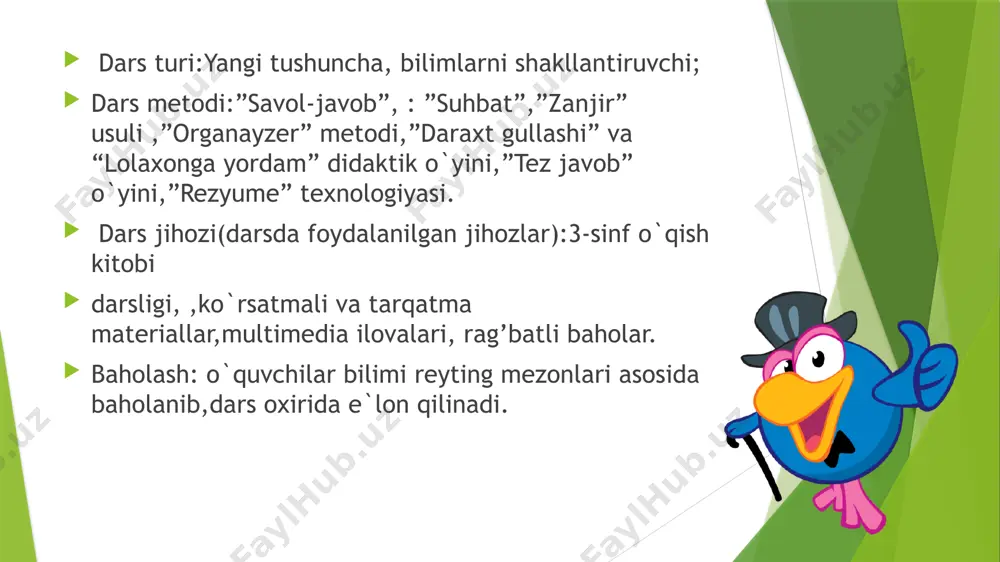 ”didaktik o`yini:bu o`yinda o`quvchilar misollarni yechib,to`g`ri javobni topadilar va sonlarni o`sib borish tartibida yozadilar.hamma bo`g`inlar yozilgandan so`ng yangi “tabiat bilan suhbat” mavzusi kelib chiqadi 28:7 27:9 14:7 28:7 3. at 1.ta 6.suh 4. bi 40:8 48:8 63:9 5. lan 2. bi 7. bat iii. yangi mavzu bayoni: bugun sizlar bilan „tabiat bilan suhbat“ rivoyati bilan tanishamiz. rivoyat – avloddan avlodga o`tib kelayotgan,voqea va hodisalarni,inson faoliyatini ba`zan real tasvirlovchi og`zaki hikoya:naql,afsona. darslikda qaysi rivoyatlarni o`qiganmiz? „til qudrati“,“ bobur va kabutar‘,“cho`pon yigit shiroq“,“ibn sino shogirdlari“ rivoyatlarini. „tabiat bilan suhbat“ rivoyati ifodali o`qib beriladi va mazmuni tushuntiriladi. o`quvchilarga rivoyat mazmuniga mos animatsiyali lavhalar ko`rsatiladi.kadr ortidan rivoyat matni o`qib eshitttiriladi. notanish so`zlar yuzasidan lug`at ish o`tkaziladi. lug`at ishi: zamin-yer haroratim-issiqligim bardosh-chidash jilovlash-bo`ysundirish darslik bilan ishlash: o`quvchilar rivoyatni rollarga bo`lib o`qiydilar (rivoyat qahramonlari jala,quyosh,daryo,bo`ronning sur`atlaridan foydalaniladi). o`quvchilarda do`stlik haqida maqollar so`raladi. do`stsiz boshim. tuzsiz-oshim. do`st kulfatda bilinar. do`st achitib gapirar,dushman kuldirib. baliq suvsiz yashamas, inson …