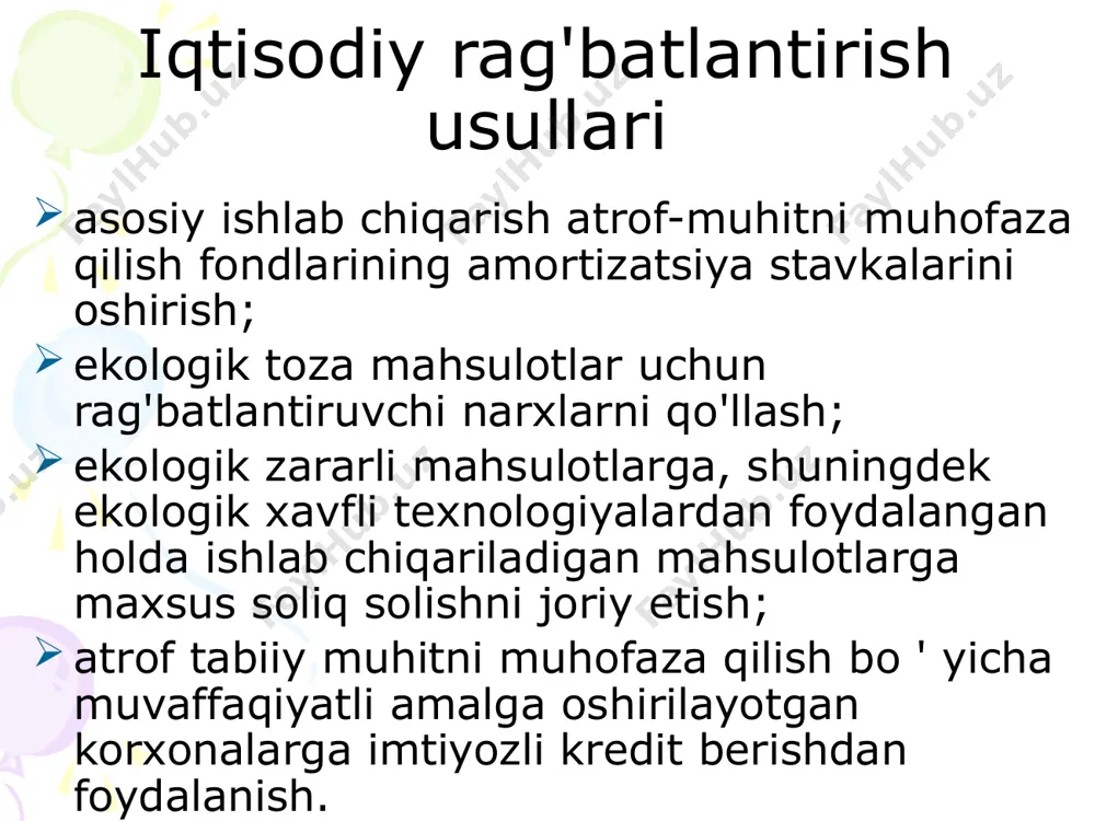 maksimal darajalar (pdu), ruxsat etilgan qoldiq miqdorlar (doc) va boshqalar. atrof-muhitni muhofaza qilish sohasidagi standartlarni ishlab chiqishga qo'yiladigan talablar atrof-muhitni muhofaza qilish sohasidagi standartlarni ishlab chiqish quyidagilarni o'z ichiga oladi: 1.atrof-muhitni muhofaza qilish sohasidagi standartlarni asoslash bo'yicha ilmiy-tadqiqot ishlarini olib borish; 2. belgilangan tartibda atrof-muhitni muhofaza qilish sohasidagi standartlarni ekspertizadan o 'tkazish, tasdiqlash va e' lon qilish; atrof-muhitni muhofaza qilish sohasidagi standartlarni ishlab chiqishga qo'yiladigan talablar 3. atrof-muhitni muhofaza qilish sohasidagi standartlarni ishlab chiqish yoki qayta ko'rib chiqish uchun asoslarni yaratish; 4. atrof-muhitni muhofaza qilish sohasidagi standartlardan foydalanish va ularga rioya etilishini nazorat qilish; 5. atrof-muhitni muhofaza qilish sohasidagi standartlarning yagona ma'lumotlar bazasini shakllantirish va yuritish. atrof-muhit sifati standartlari 1. zararli moddalarning ruxsat etilgan maksimal kontsentratsiyasi standartlari 2. ruxsat etilgan maksimal emissiya, zararli moddalarni chiqarish, ishlab chiqarish chiqindilarini joylashtirish standartlari atrof-muhit sifati standartlari 3. radiatsiya ta'sirining ruxsat etilgan maksimal darajasi standartlari 4. oziq-ovqat tarkibidagi kimyoviy moddalarning ruxsat etilgan maksimal qoldiq …