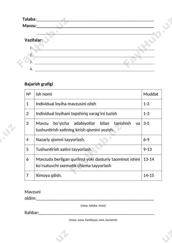 da pedagogik nazorat. 22 xulosa 43 foydalanilgan adabiyotlar: 45 kirish “o'qituvchi kimni o'qitsa o'shalarga, nimani o'qitsa o'shanga ishonishi kerak” abulqosim firdavsiy. loyixa ishining dolzarbligi: mamlakatimizning yorug' kelajagi ,bozor iqtisodiyoti qonunlariga asoslangan jamiyat qurish sohasidagi ishlarning samaradorligi yuqori malakali, yuksak ma’naviyatli, rivojlangan mamlakatlar darajasida, raqobatbardosh mutaxassislar tayyorlash, barkamol avlodni shakllantirish muammosi bilan uzviy bog’liq. birinchi prezidentimiz i.a.karimov tashabbusi bilan ishlab chiqilib, oliy majlisning ix sessiyasida qabul qilingan “kadrlar tayyorlash milliy dasturi”, “ta’lim to’g’risidagi qonun”, vazirlar mahkamasining umumiy o’rta ta’lim, akademik litseylar va kasb-hunar kollejlarini tashkil etish haqidagi va boshqa qarorlari shu maqsadlarni ro’yobga chiqarishga qaratilgan. “kadrlar tayyorlash milliy dasturi”ni ro’yobga chiqarishning birinchi bosqichida (1997-2001 yillar) – “o’quv-uslubiy majmualarning hamda ta’lim jarayonini didaktik va axborot ta’minotining yangi avlodini ishlab chiqish va joriy etish”; ikkinchi bosqich (2001-2005 yillar)da – “ta’lim muassasalarining moddiy-texnika va axborot bazasini mustaxkamlashni davom ettirish, o’quv-tarbiya jarayonini yuqori sifatli o’quv adabiyotlari va ilg’or pedagogik texnologiyalar bilan ta’minlash”; uchinchi bosqichi (2005 …
