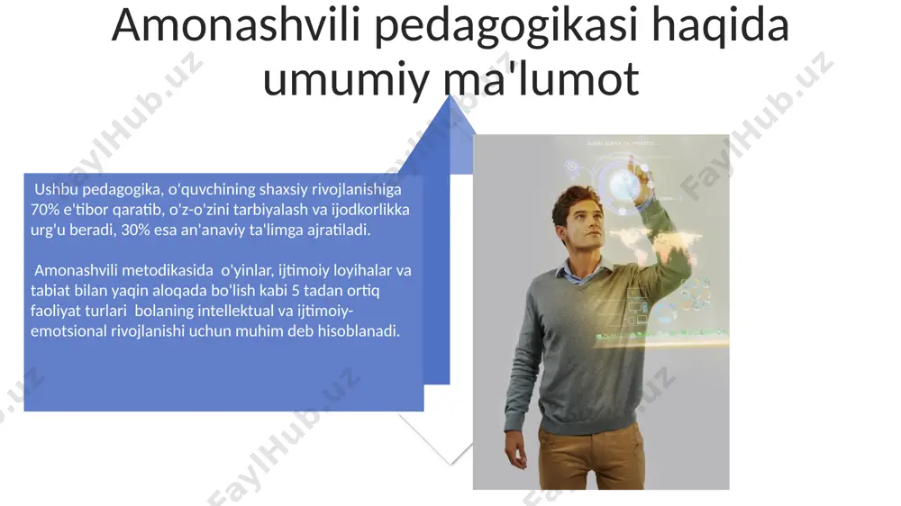hidan iborat sinfda hamkorlik va individual yordam ko'rsatishdan iborat. o'quv rejalari 20% nazariy bilimlarga va 80% amaliy faoliyatga asoslanib, bolaning shaxsiy rivojlanishiga yo'naltirilgan bo'lishi kerak, masalan, toshkentdagi tajriba maktablarida. axloqiy tarbiya toshkent shahridagi tajriba maktablarida amonashvili uslubidagi "axloqiy tarbiya" dasturi 10 yildan ortiq qo'llanilib, o'quvchilarning o'z-o'zini anglash darajasini 25% ga oshirdi. amonashviliyning "axloqiy tarbiya" metodikasi 5-7 yoshli bolalar uchun 3 bosqichli tizimni o'z ichiga oladi, bu esa bolaning shaxsiy rivojlanishiga va ijtimoiylashuviga 100% ta'sir ko'rsatadi. oila va maktabning o'zaro hamkorligi amonashvili texnologiyasining qo‘llanilishi bilan bog‘liq holda, namanganda 200 dan ortiq oila o‘quv jarayonida faol ishtirok etib, bolalarning shaxsiy rivojlanishiga ijobiy ta’sir ko‘rsatgan. amonashvili pedagogikasi bo‘yicha o‘quvchilarning 50% dan ortig‘i toshkentdagi 15-maktabda ota-onalar bilan muntazam hamkorlik natijasida o‘zlashtirish ko‘rsatkichlarini yaxshilashgan. hamkorlik va muloqot "hamkorlik va muloqot" texnologiyalarida 3 bosqichli o'yinlar, jumladan, 10 dan ortiq individual va guruh vazifalari qo'llanilib, o'quvchilarning o'zaro munosabatlarini yaxshilashga qaratilgan. amonashvili uslubida 5-7 yoshli bolalar bilan o'tkazilgan …