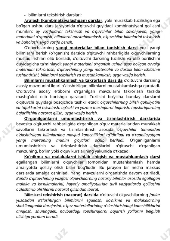 o’g’ri baholay oladigan, mavjud ziddiyatlarni o’z iroda kuchi bilan bartaraf etishning uddasidan chiqa olishi zarur. o’qituvchi o’quvchilar, ota-onalar hamda hamkasblari bilan muloqot jarayonida fikrini aniq va to’la bayon etilishiga ahamiyat qaratishi maqsadga muvofiqdir. ular bilan munosabat jarayonida so’zni salbiy holatlar haqidagi dalillarni keltirishdan emas, aksincha, o’quvchi (yoki hamkasbi, ota-onalar)ning muvaffaqiyatlarini e’tirof etishi, ularning yanada boyishiga ishonch bildirishi, u bilan tillasha olishiga imkon beradi. muloqot jarayonida o’qituvchining so’zlaridan suhbatdoshiga nisbatan xayrixohlik, samimiylik, do’stona munosabat sezilib turishi, shuningdek, imkon qadar ko’tarinki kayfiyatda bo’lishi zarur. o’qituvchining mazkur talablarga muvofiq keluvchi qiyofasi uning o’quvchilar, hamkasblar hamda ota-onalar orasida obro’-e’tibor qozonishini ta’minlaydi. dars – ta’lim jarayonining asosiy shakli dars –ta’lim jarayonining asosiy tashkiliy usuli bo’lib, unda sinf dars tizimining barcha xususiyatlari aks etadi. darsda o’qituvchi tashkiliy tartibni va o’quv ishlarining muntazamligini ta’minlaydi. dars bevosita o’qituvchi rahbarligida aniq belgilangan vaqt davomida muayyan o’quvchilar guruhi bilan olib boriladigan ta’lim jarayonining asosiy shaklidir. o’qituvchining o’quvchilarga pedagogik ta’sir ko’rsatish …