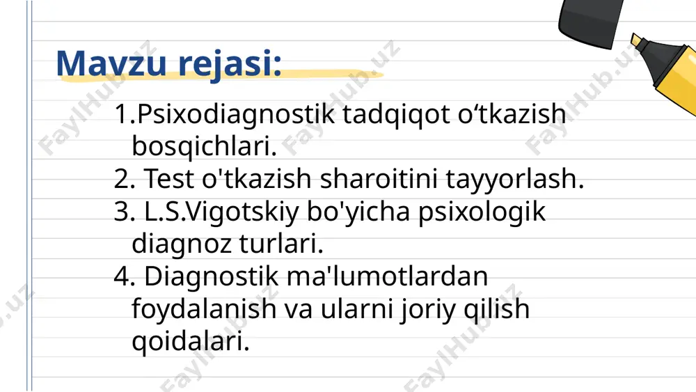 sixodiagnostika tarixi eksperimental psixologiya yuzaga kelishi bilan boshlanadi. 1879- yilda germaniyada eksperimental psixologiya bo’yicha birinchi labaratoriya v.vunt tomonidan tashkil etilindi. book title avvallari testlar faqat sinash uchun o’tkazilingan bo’lsa hozirda testlarga ilmiy talablar qo’yiladi, murakkablik darajalari aniqlanadi. eksperimental metod psixologiya fanida keng qo’llanilina boshlanishi odamlar orasidagi individual farqlar haqidagi bilimlar yuzaga kelishiga olib keladi. psixodiagnostika psixolog faoliyati yo'nalishlaridan biri bo'lib, quyidagi bosqichlarni o'z ichiga oladi: 1.mijozning psixologga murojaatini o'rganish. diagnostga murojaat oddiy, hayotiy so'zlashuv tilida bo'lganligi sababli, uni ilmiy psixologik ko'rinishga aylantirish, ya’ni qilingan amaliy talab asosida psixologik muammoni belgilab olish (mijoz talabini psixologik muammoga aylantirish). tashqaridan kuzatuvchi sifatida muammoni chuqur anglash. 2.muammoni hal qilish uchun tushgan talab bo'yicha birlamchi axborotni to'plash: oila a’zolari, faoliyati (o'quv yoki mehnat) muvaffaqiyatli bajarish haqida; yaqin atrofdagilar bilan munosabatlari haqida; tibbiy xulosa; 3.to‘plangan ma’iumot asosida farazni ilgari surish va uni tekshirish uchun diagnostik metodlarni tanlash. 4. diagnostik tekshiruv o'tkazish, natijalarini qayta ishlash va tahlil …