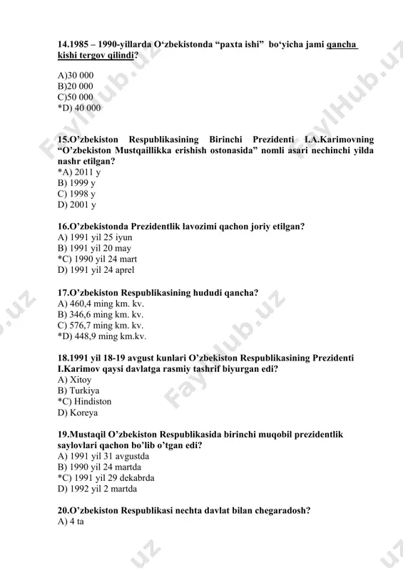 26.o’zbekiston respublikasining milliy valyutasi – «so’m» qachondan muomalaga kiritildi? a) 1991 yil 18 noyabrdan b) 1992 yil 8 dekabrdan *c) 1994 yil 1 iyuldan d) 1992 yil 2 iyuldan 27.1992 yil 8 dekabrda o’zbekiston respublikasining qaysi davlat ramzi qabul qilingan edi? a) davlat gerbi b) davlat madhiyasi *c) konstitutsiya d) davlat bayrog’i 28.o’zbekiston respublikasi konstitutsiyasining tarkibi qanday? a) 5 bo’lim, 24 bob, 128 moddadan iborat b) 6 bo’lim, 25 bob, 126 moddadan iborat c) 5 bo’lim, 26 bob, 138 moddadan iborat *d) muqaddima, 6 bo’lim, 26 bob, 128 moddadan iborat 29.o‘zbekiston respublikasining qaysi davlat ramzi nisbatan oldinroq qabul qilingan? a) davlat gerbi *b) davlat bayrog‘i c) davlat madhiyasi d) konstitusiya 30. o‘zbekiston respublikasi konstitutsiyasiga qanday o‘zgartirish kiritiladi? a)*referendum orqali v) oliy majlis yig‘ilishida s) senat yig‘ilishida d) oliy kengash yig‘ilishida 31.davlat hokimiyati necha bo‘g‘inga bo‘linadi? a) 1 b) 2 *c) 3 d) 4 32.o‘zbekiston milliy taraqqiyot yo‘li bu – *a) …