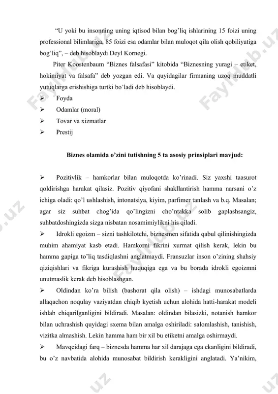 ligini bildiradi, bu o’z navbatida alohida munosabat bildirish kerakligini anglatadi. ya’nikim, boshliq va xodim o’rtasidagidek. u ayol yoinki erkak bo’lishidan qat’iy nazar boshliq bilan xodim uchrashganda odatdagidek, xodim birinchi raxbarga salom beradi. shuningdek, xodim liftni eshigini oldida boshlig’ini va uning odamlarini oldinga o’tkazdirib yuborishi kerak. · o’rinli harakat – hatti-harakat manerasi va hattoki aniq bir vaziyatdagi kiyinishini muvofiqligini anglatadi. bu haqda quyidagi slaydlarda batafsil ma’lumot beriladi. biznes hamkorida yaxshi taassurot qoldirish muhim ahamiyatga ega. buning esa 4 qoidasi mavjud: birinchisi: dastlabki 10 ta so’zingiz juda muhim bo’lishi kerak. tashakkur bildirish tezroq hamkorlarning o’zaro tushunishini ta’minlaydi va hamkorlikning effektivligini oshiradi. masalan: “janob smit men bilan ertalabdan uchrashishga vaqt topganingiz uchun sizga katta rahmat.” “va nihoyat shahsan o’zingiz bilan uchrashishga muyassar bo’lganimdan bag’oyat xursandman”. bu kabi so’zlar birinchi uchrashuvda qo’llaniladi. lekin bu so’zlarni boshqacharoq tarzda avval uchrashgan tanishlaringizga ham qo’llashingiz mumkin. masalan; “uchrashishga rozi bo’lganingiz uchun rahmat ustoz”, “xilola uchrashuvga taklif qilganingiz …