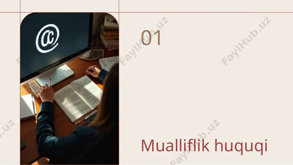 ar uchun adolatli to'lov va manfaatlarni ta'minlash orqali, ijodiy iqtisodiyotning rivojlanishiga hissa qo'shadi. turdosh huquqlarni amalga oshirish usullari turdosh huquqlarni amalga oshirish uchun turli qonuniy mexanizmlar mavjud. mualliflar o'z huquqlarini ro'yxatdan o'tkazish, litsenziya berish va muammolar yuzaga kelganda sudga murojaat qilish orqali himoya qilishlari mumkin. bular, huquqiy jarayonlar orqali san'atkorlarni ijodiy erkinlikni saqlab qolish imkoniyatini beradi. xulosa mualliflik huquqi va turdosh huquqlar ijodkorlar va mualliflarni himoya qilishda muhim ahamiyatga ega. ular ijodiy faoliyatni rag'batlantirish, iqtisodiy foyda olish va madaniyatning rivojlanishiga hissa qo'shadi. bu huquqlarning samarali himoyasi, ijodiy asarlarning qiynalishini engillashtiradi. image1.png image2.png image3.png image4.png image5.png image6.png image7.png image8.png