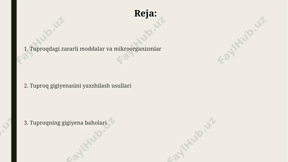 an, e.coli, salmonella) sonini aniqlash uchun standart bakteriologik tahlillar, 1 gramm tuproqda koloniya hosil qiluvchi birliklar (cfu) sonini o'lchash orqali amalga oshiriladi. tuproqning sanitariya holatini baholashda, og'ir metallar (qo'rg'oshin, simob) miqdorini aniqlash uchun atom-absorbsion spektrofotometriya kabi instrumental usullar qo'llaniladi, bu 10 mg/kg dan yuqori bo'lsa, xavfli hisoblanadi. geliografik usullar yordamida tuproqning namlik darajasi va havo o'tkazuvchanligi o'rganiladi, bu esa 30% dan yuqori namlik va past havo o'tkazuvchanlik patogen mikroorganizmlarning ko'payishiga olib kelishi mumkinligini ko'rsatadi. tuproq ifloslanishining manbalari qishloq xo'jaligida ortiqcha ishlatiladigan mineral o'g'itlar va pestitsidlar tuproqning mikrobiologik tarkibini buzadi va uning unumdorligini pasaytiradi, bu esa 30% gacha hosil yo'qotilishiga olib keladi. tuproq ifloslanishining asosiy manbalaridan biri sanoat korxonalarining chiqindilari bo'lib, ularning 70% gacha og'ir metallar va toksik moddalar bilan ifloslangan. uy-joy va kommunal xo'jaliklarning chiqindilari, ayniqsa, organik chiqindilarning parchalanishi natijasida 10-15% gacha metan gazining ajralib chiqishi bilan tuproqning havo almashinuvini buzadi. og'ir metallarning ta'siri оғир металларнинг тупроққа тушиши сабабли юзага …