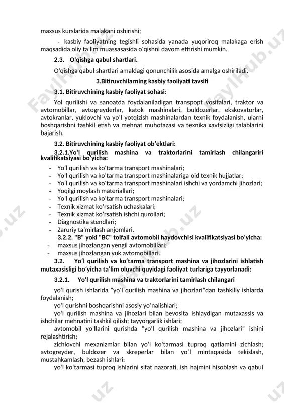 an oldin transport vositasini ko‘rikdan o‘tkazish va harakatlanish jarayonida transport vositasining texnik holatini nazorat qilish; harakatlanish jarayonida yuzaga kelgan nosozliklarni xavfsizlik texnikasi talablariga rioya etgan holda bartaraf etish; transport vositasini texnik qarovida hamda yuk ortish, tushirishda xavfsizlik texnikasi qoidalariga rioya etish; avtomobillarni boshqarish. yuzaga kelgan nosozliklarni to‘g‘ri baholay olish va ularni bartaraf etish bo‘yicha mutaxassislarga o‘z vaqtida murojaat etish 4.ta’lim dasturini o‘zlashtirgan bitiruvchining umumiy va kasbiy kompetensiyalariga qo‘yiladigan talablar 4.1. yo‘l qurilish va ko‘tarma transport mashina va jihozlarini ishlatish kasbi bitiruvchilari umumiy kompetensiyasiga qo‘yiladigan talablar: ptm bitiruvchisi quyidagi umumiy kompetensiyalarga ega bo‘lishi kerak: uk-1. kasbiy faoliyat doirasida vujudga keladigan turli masalalar yechimini topish usullarini tanlay olish; uk-2. rahbar tomonidan belgilangan maqsadga erishish uchun jamoada ishlay olish; uk-3. o‘zining kasbiy malakasini va shaxsiy kamolotini takomillashtirib borish; uk-4. jamoada va ma’lum vazifani bajarishga yo‘naltirilgan guruhda ishlash, hamkasablar, rahbarlar va mijozlar bilan samimiy, xushmuomala va samarali muloqot qilish; uk-5. ta’lim olgan tilida fikrini …