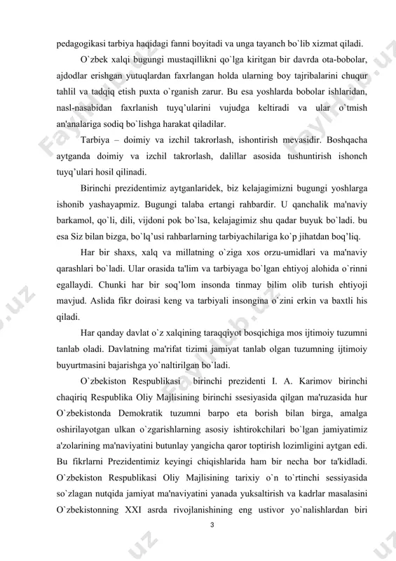 altirilgan bo`ladi. o`zbekiston respublikasi birinchi prezidenti i. a. karimov birinchi chaqiriq respublika oliy majlisining birinchi ssesiyasida qilgan ma'ruzasida hur o`zbekistonda demokratik tuzumni barpo eta borish bilan birga, amalga oshirilayotgan ulkan o`zgarishlarning asosiy ishtirokchilari bo`lgan jamiyatimiz a'zolarining ma'naviyatini butunlay yangicha qaror toptirish lozimligini aytgan edi. bu fikrlarni prezidentimiz keyingi chiqishlarida ham bir necha bor ta'kidladi. o`zbekiston respublikasi oliy majlisining tarixiy o`n to`rtinchi sessiyasida so`zlagan nutqida jamiyat ma'naviyatini yanada yuksaltirish va kadrlar masalasini o`zbekistonning xxi asrda rivojlanishining eng ustivor yo`nalishlardan biri sifatida olq’a suradi. kelajagi buyuk davlatni qurayotganlar tafakkuri, ahloqi yangi iqtisodiy munosabatlarni tarkib toptirishga va moddiy ne'matlar yaratishga astoydil yo`naltirilgan bo`lishi lozim. mana shunday ijobiy xislatlarga ega bo`lgan insonni tarbiyalash ta'lim-tarbiya tizimi zimmasiga yuklatilgan. mdh mamlakatlarida xalq pedagogikasi muammolari rusiyalik g.s. vinogradov, gruziyalik a.f. xintibidze, chuvashistonlik g.n. volkov, tataristonlik ya.i. xanbikov, ozarbayjonlik a.sh. hoshimov, tojikistonlik sh.a. mirzaev, turkmanistonlik k.pirliev va boshqalar tomonidan tadqiq etilgan. o’zbekistonda xalq pedagogikasining ba‘zi muammolari z.mirtursunov, b.qodirov, …